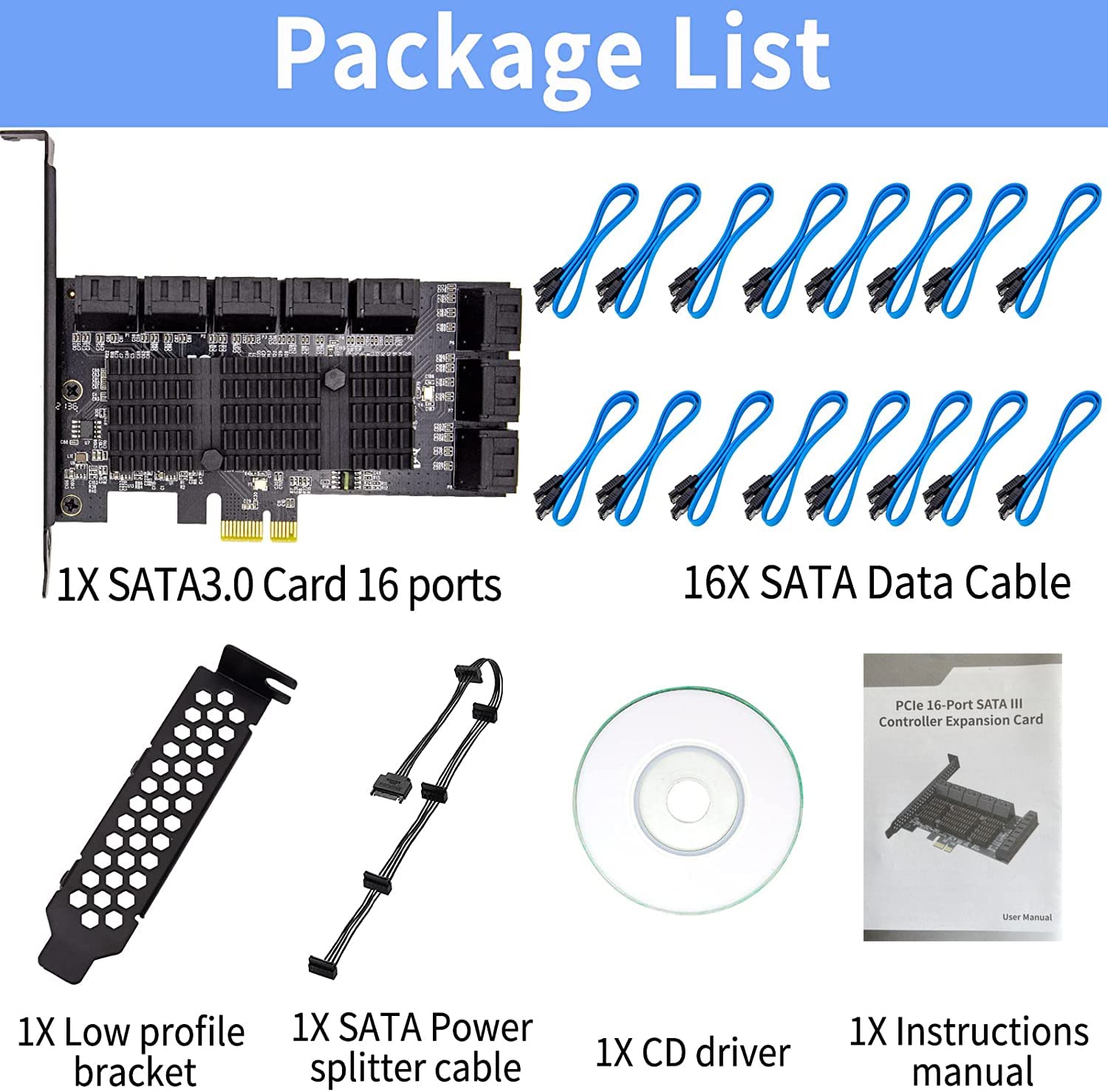 ACTIMED ACTIMED PCIe SATA 16 Port Expansion Card 6 Gbps SATA 3.0 Controller Low Profile Bracket Supports 16 SATA3 Devices Compatible with Windows MAC Linux - View 7 of 7