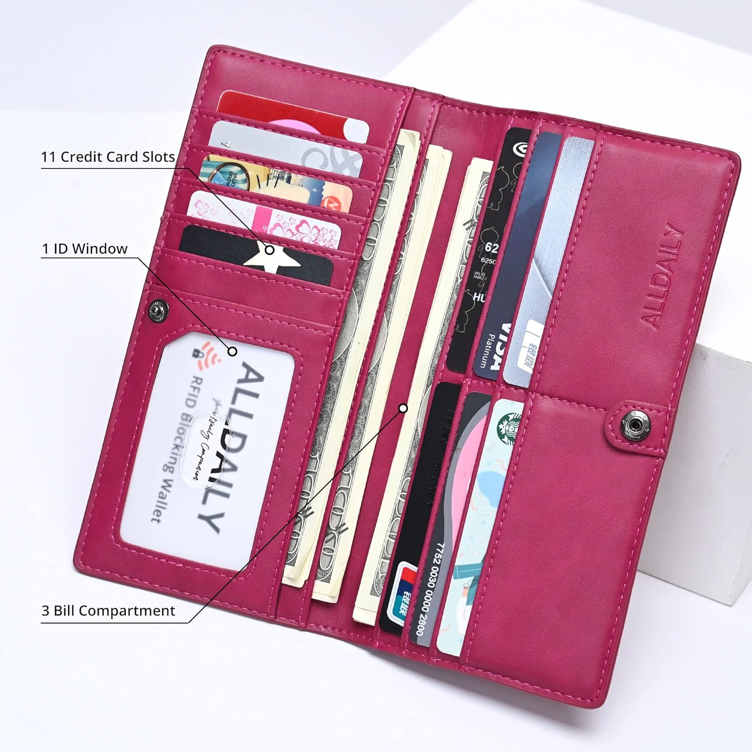 Alldaily Alldaily Ultra Slim Thin Women Wallet RFID Blocking Credit Card Holder Bifold Long Ladies Billfold Fuchsia Purple - View 3 of 9
