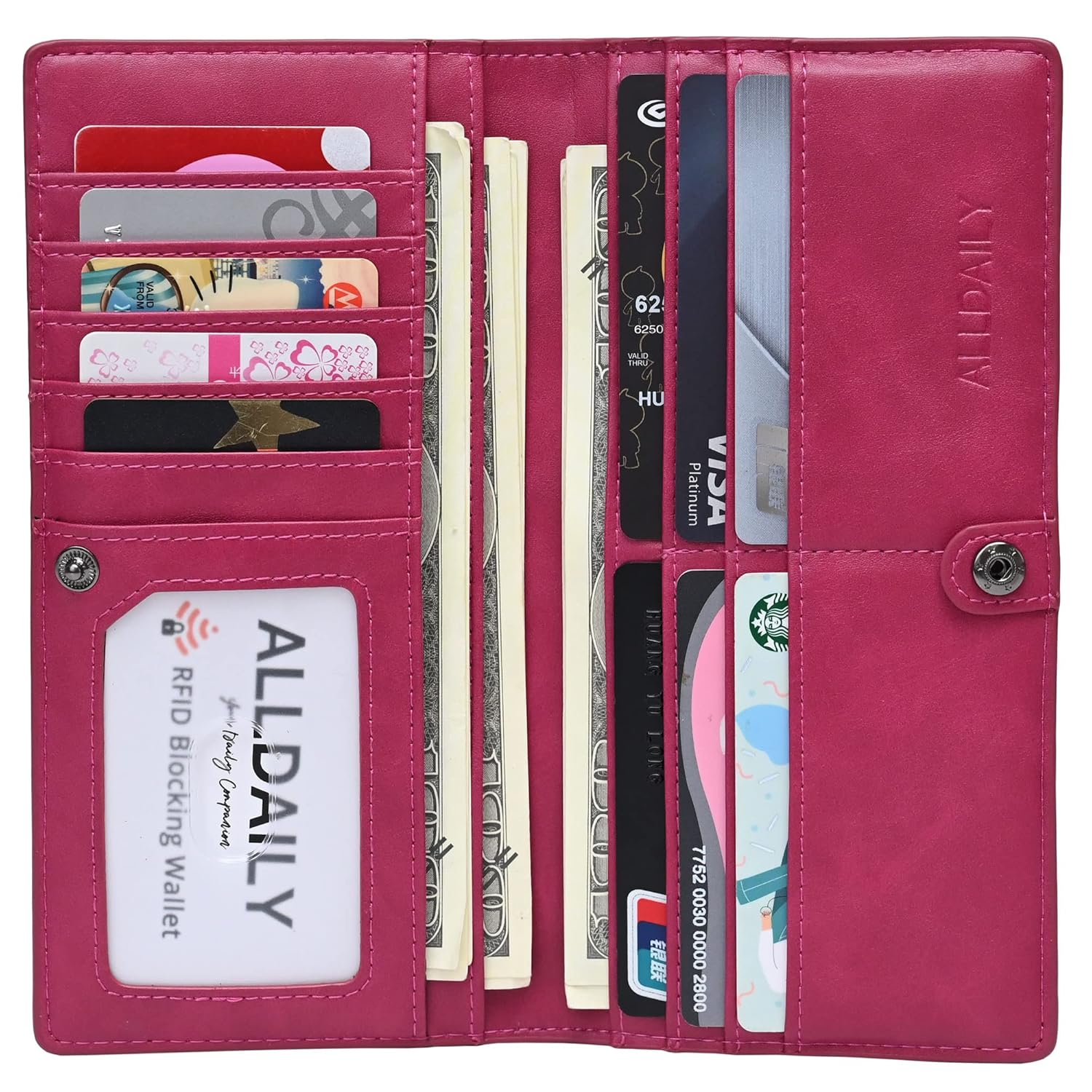 Alldaily Alldaily Ultra Slim Thin Women Wallet RFID Blocking Credit Card Holder Bifold Long Ladies Billfold Fuchsia Purple - View 6 of 9
