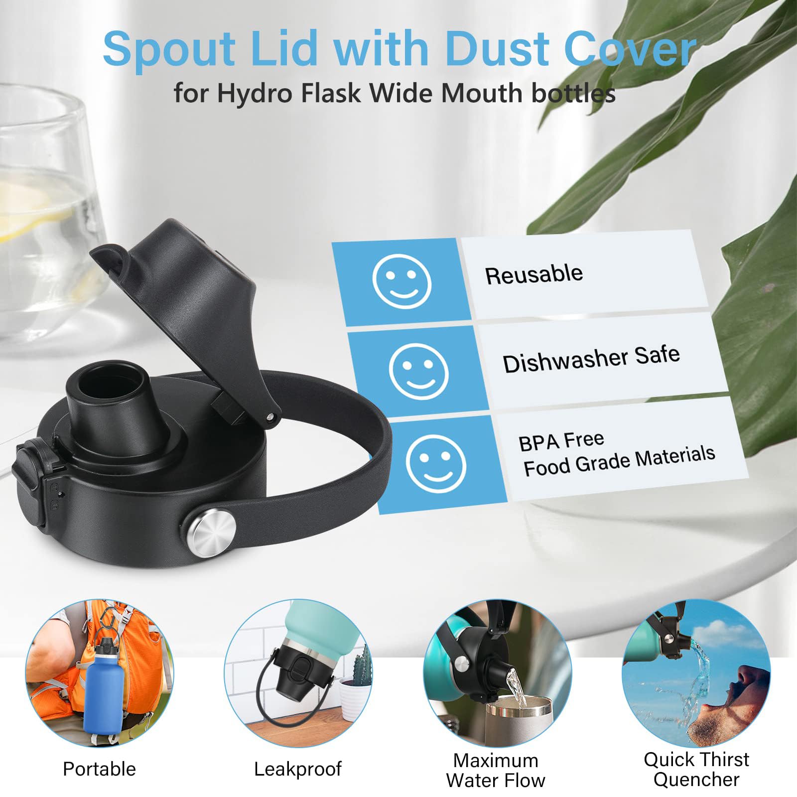 EIPOSAU EIPOSAU Auto Flip Lid for Hydro Flask Wide Mouth Replacement Lid with Button Lock Compatible with Simple Modern Iron Flask Black - View 4 of 7