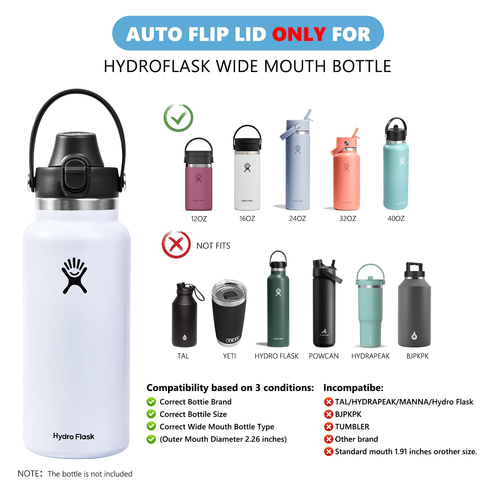 EIPOSAU EIPOSAU Auto Flip Lid for Hydro Flask Wide Mouth Replacement Lid with Button Lock Compatible with Simple Modern Iron Flask Black - View 5 of 7