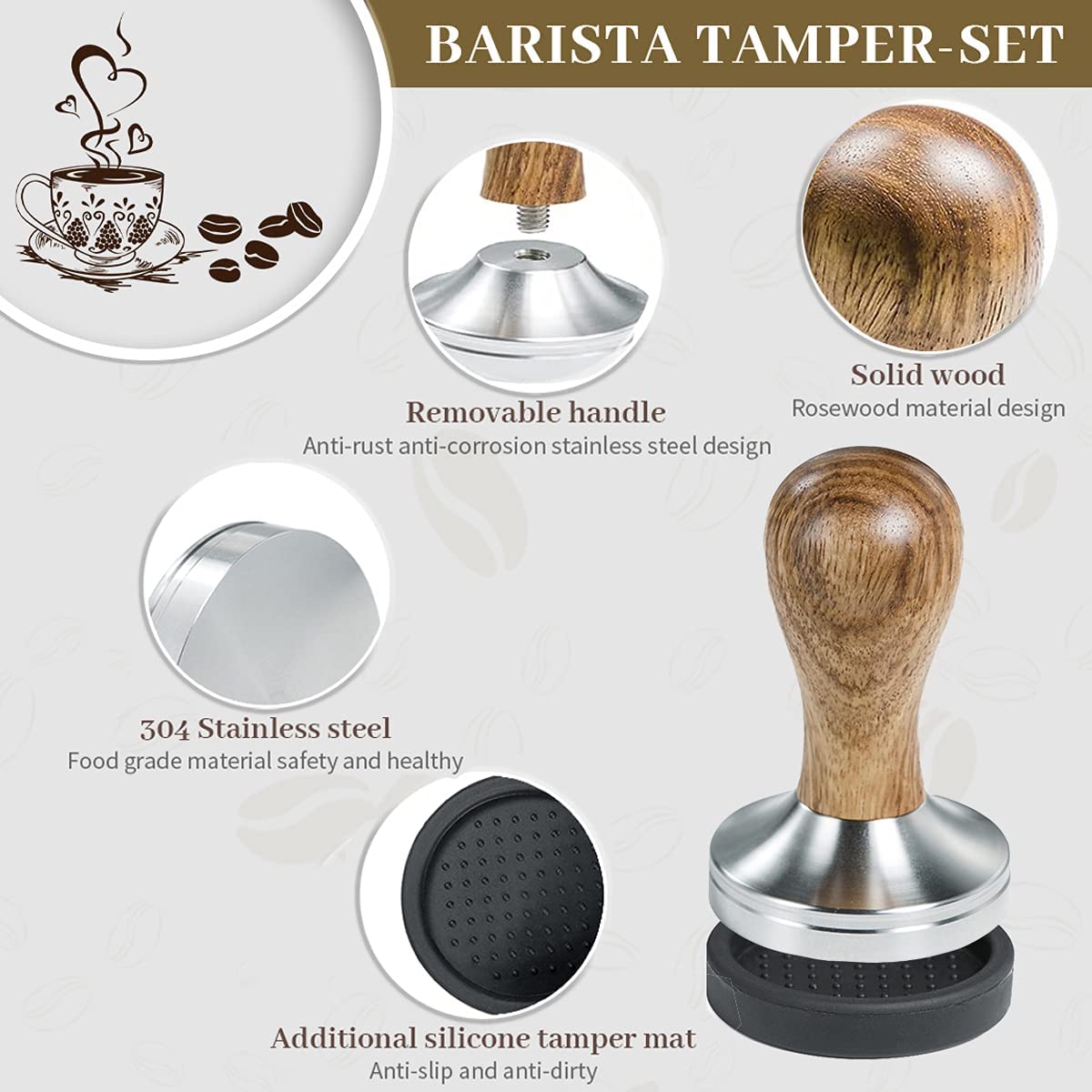 Ezebesta Ezebesta 53mm Coffee Tamper Espresso Press with Tamper Mat and Wooden Handle for Barista Espresso Machines Accessory - View 3 of 9