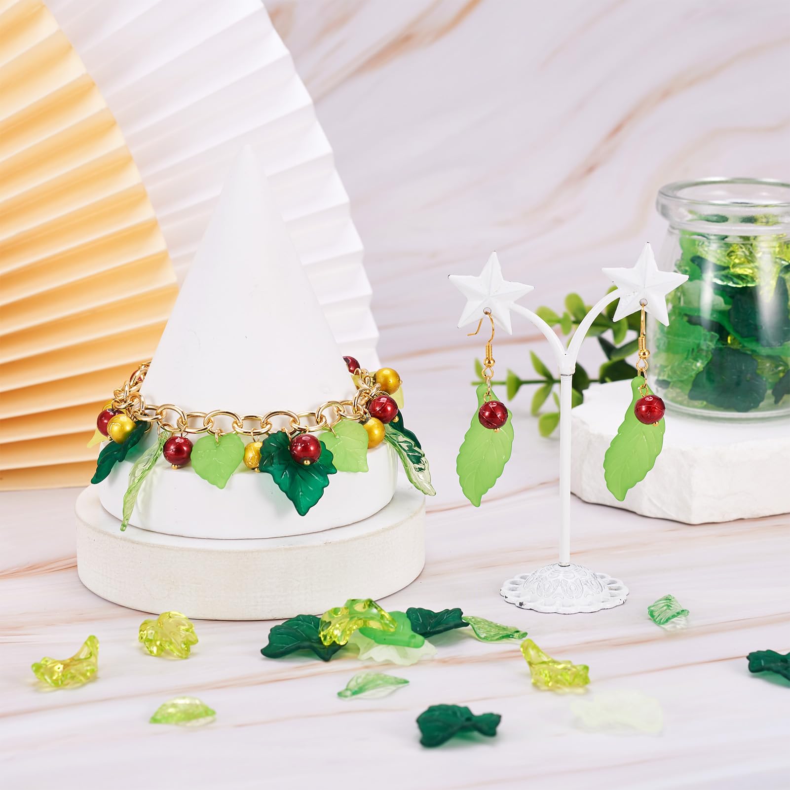 Craftdady Craftdady 270pc Green Acrylic Leaf Bead Charms Transparent Frosted Maple Leaves Pendants for Jewelry Craft Making Earring Necklaces - View 2 of 7