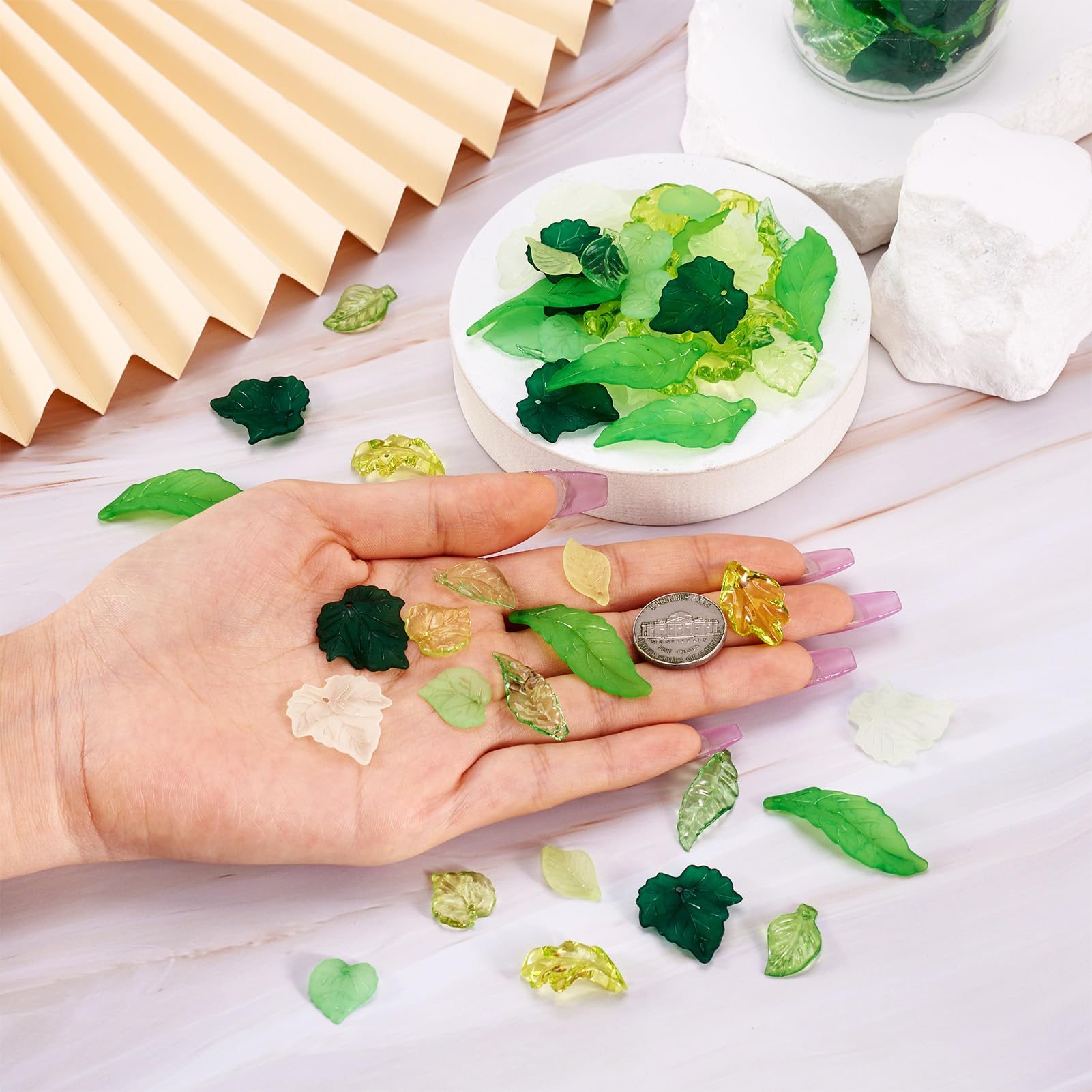 Craftdady Craftdady 270pc Green Acrylic Leaf Bead Charms Transparent Frosted Maple Leaves Pendants for Jewelry Craft Making Earring Necklaces - View 7 of 7