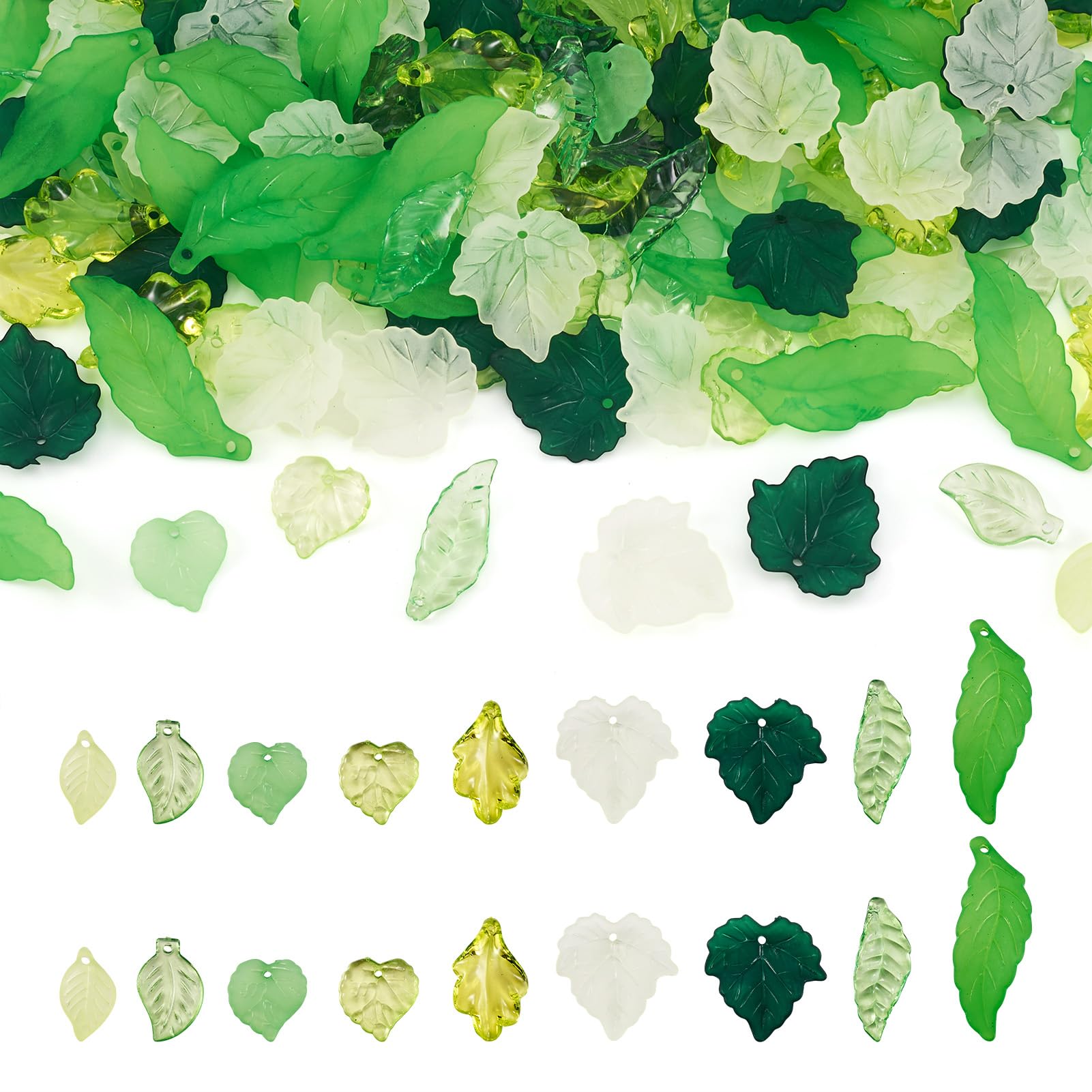 Craftdady 270pc Green Acrylic Leaf Bead Charms Transparent Frosted Maple Leaves Pendants for Jewelry Craft Making Earring Necklaces