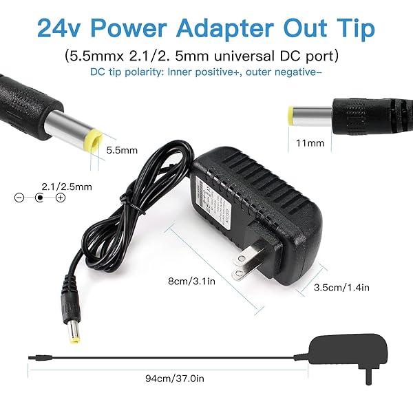 WOWOONE 24V 1A Power Supply Adapter - Durable AC to DC Charger for 100-240V, Compatible with 5.5x2.5mm/2.1mm Plugs - View 7 of 9
