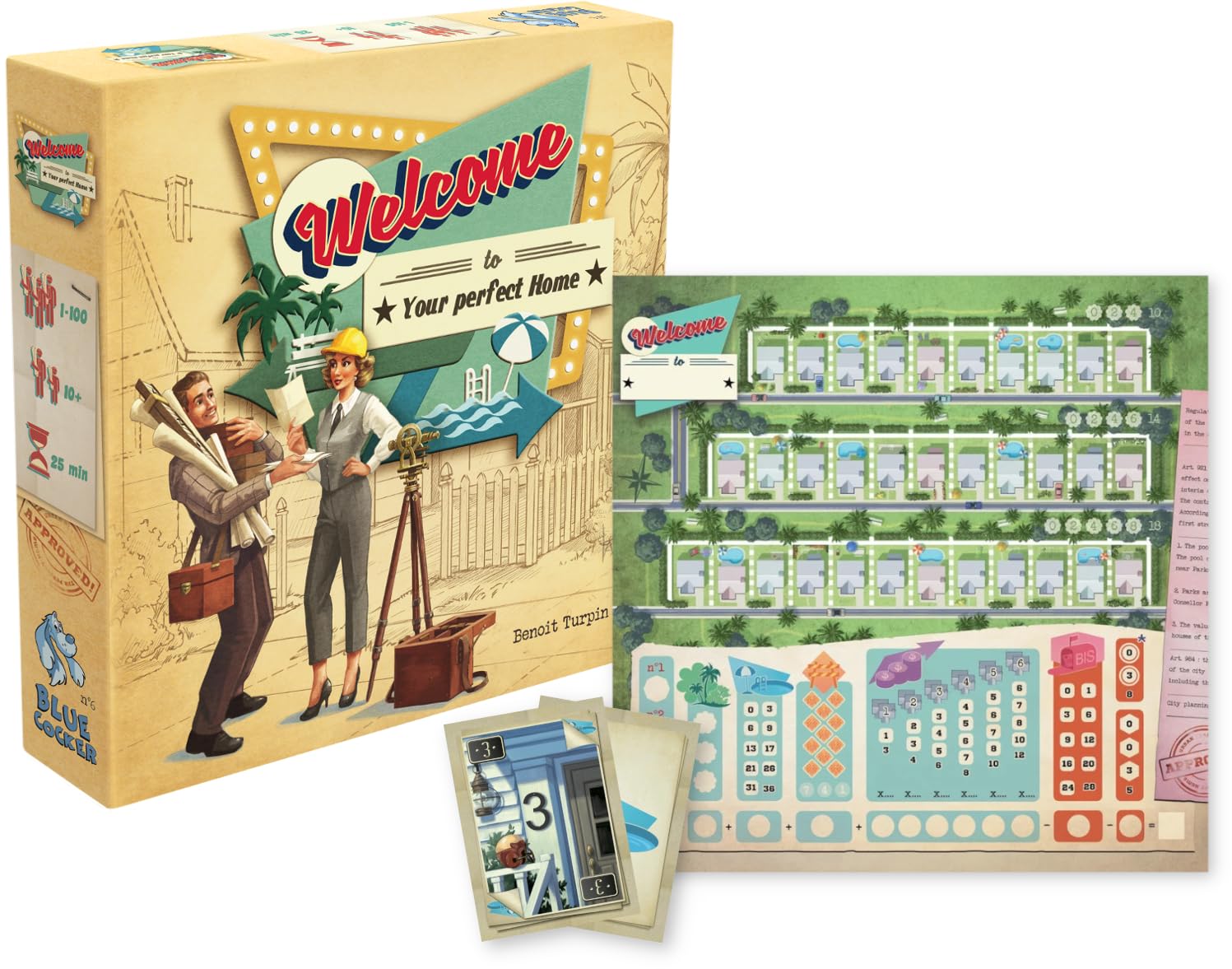 Blue Cocker Welcome to Your Perfect Home Board Game City Building Strategy and Narrative Adventure for Adults and Kids Ages 10 Plus 1-6 Players 25 Minute Playtime