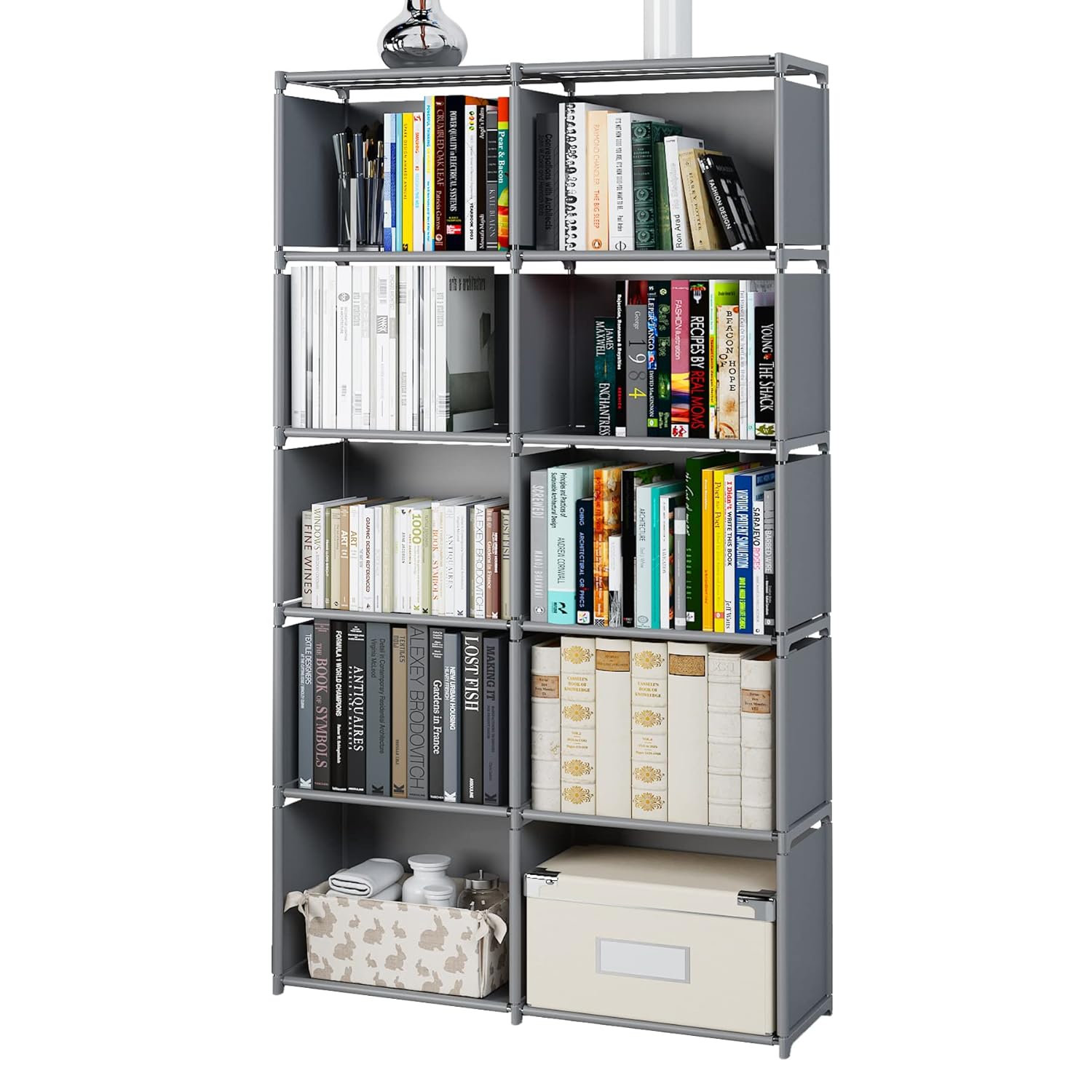 MOYIPIN MOYIPIN Assembled Bookshelves Vertical Storage Rack for Bedroom Living Room Double Row 10-Grid Multi-Functional Grey Cabinet