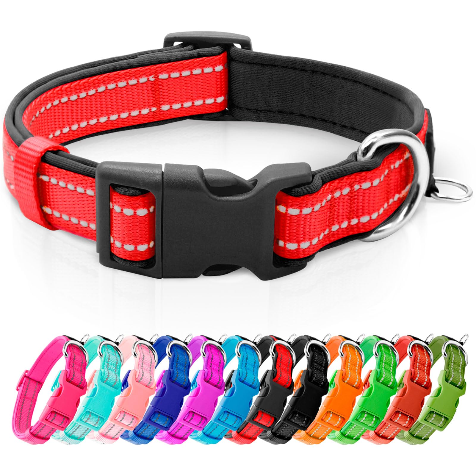 Azuza Reflective Dog Collar Soft Neoprene Padded Adjustable Pet Collar for Small Dogs with ID Tag Ring Red