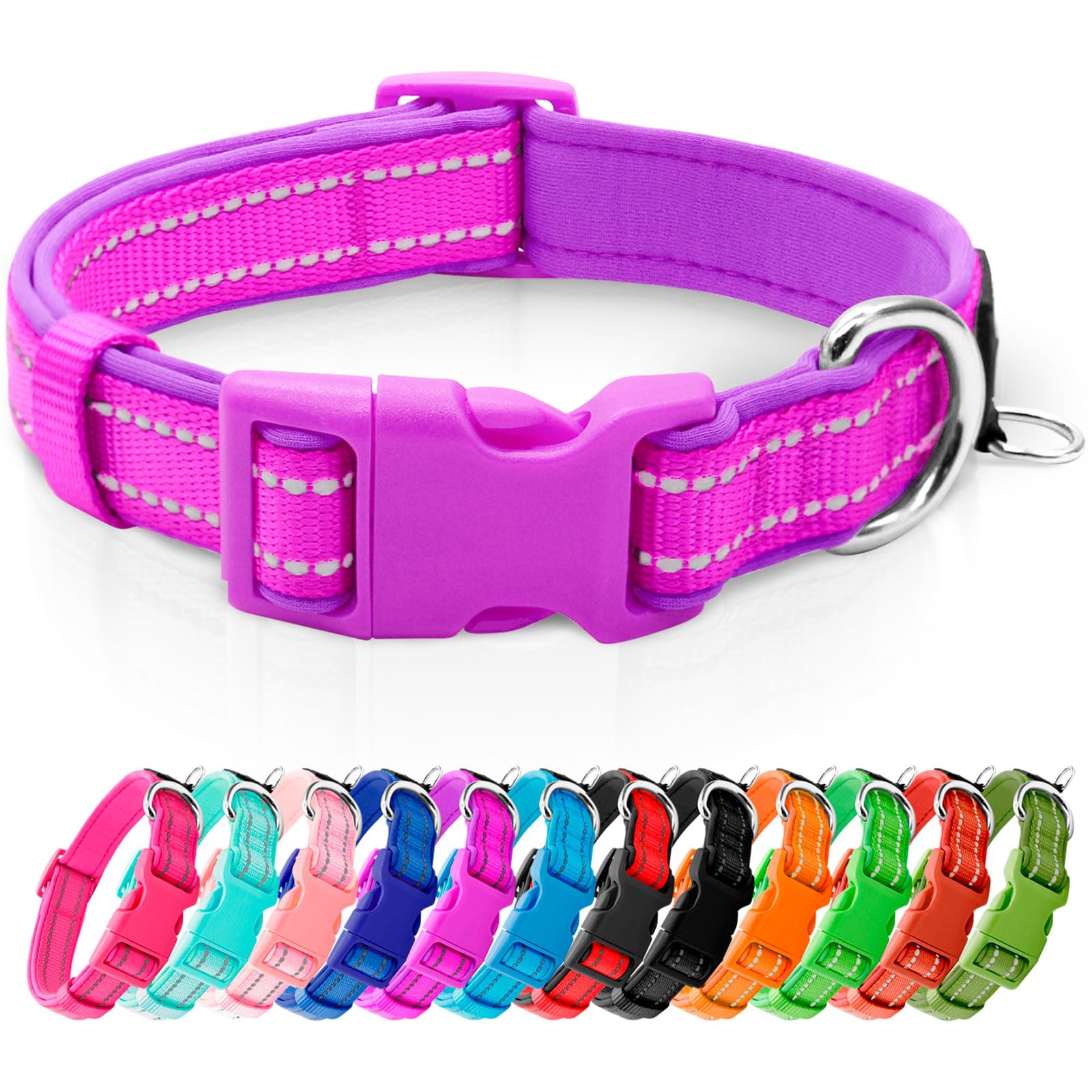 azuza Azuza Reflective Dog Collar Soft Neoprene Padded Adjustable Pet Collar for Medium Dogs with ID Tag Ring in Purple