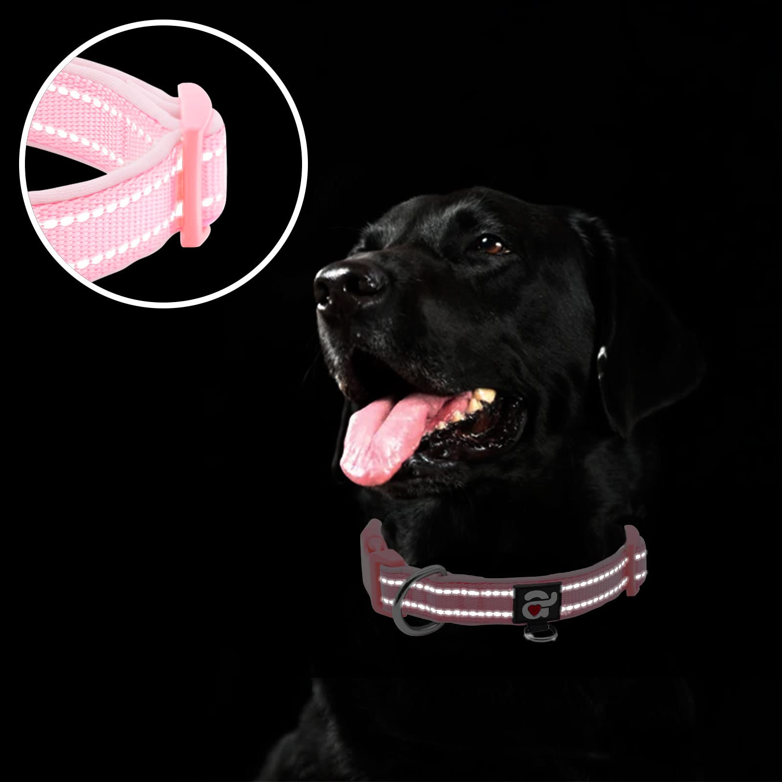 azuza Azuza Reflective Dog Collar Soft Neoprene Padded Adjustable Pet Collar for Large Dogs Pink with ID Tag Ring - View 4 of 6
