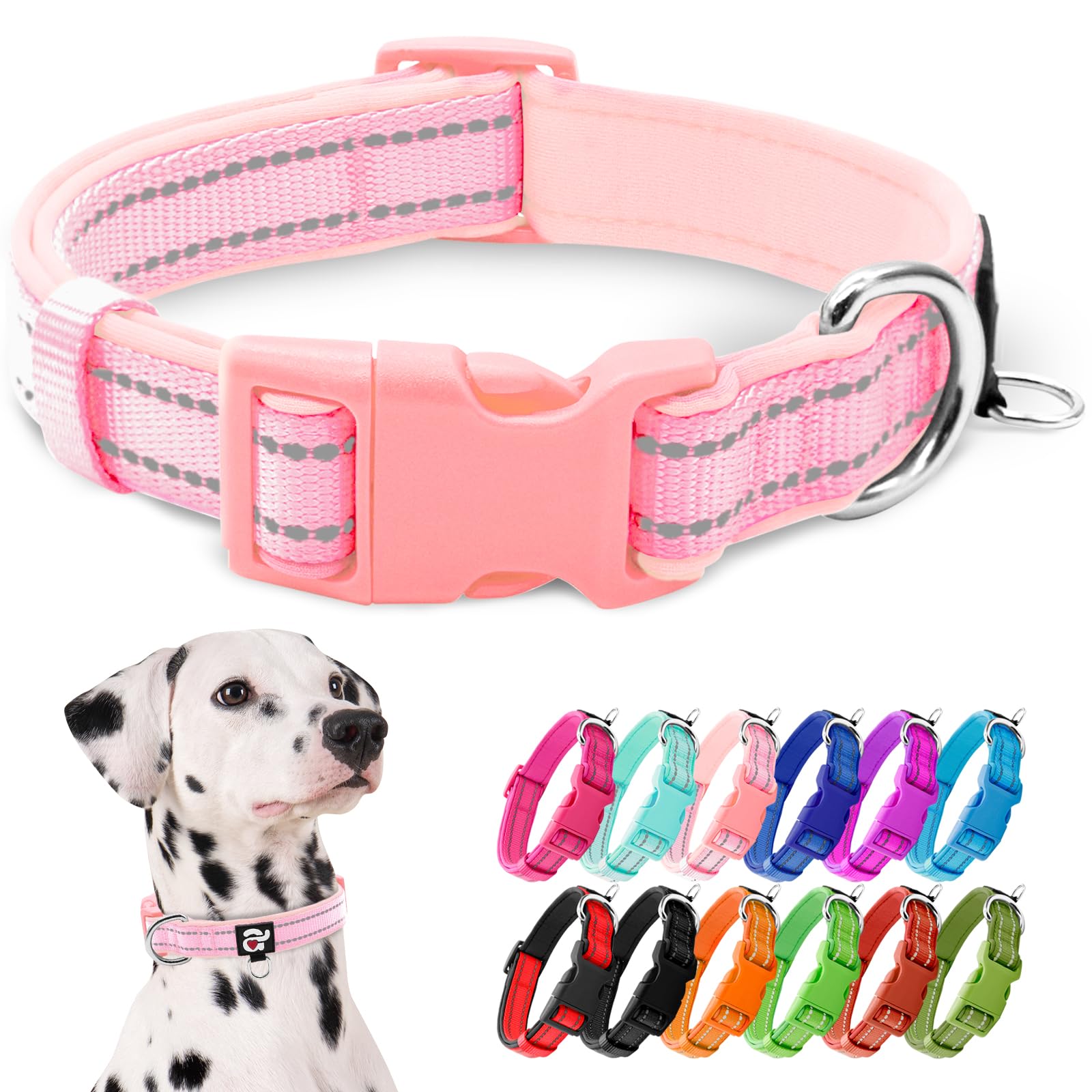 Azuza Reflective Dog Collar Soft Neoprene Padded Adjustable Pet Collar for Large Dogs Pink with ID Tag Ring