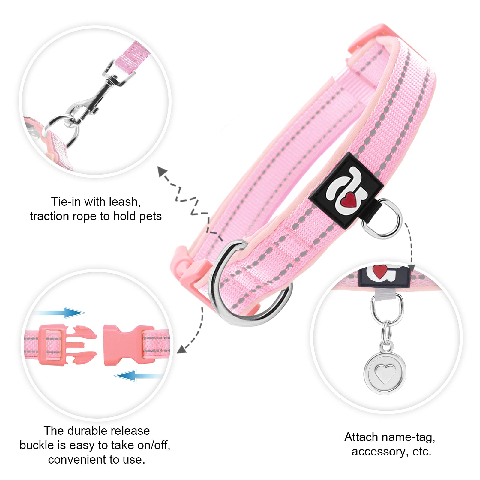 azuza Azuza Reflective Dog Collar Soft Neoprene Padded Adjustable Pet Collar for Medium Dogs Pink with ID Tag Ring - View 2 of 6