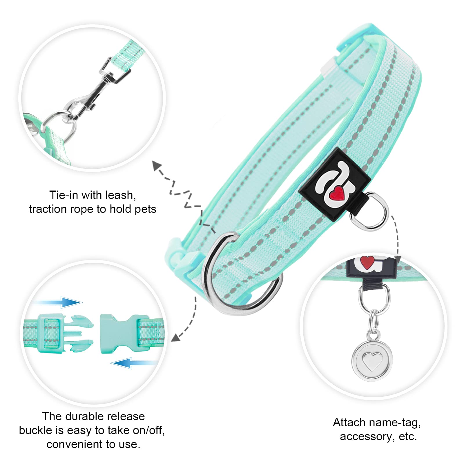 azuza Azuza Reflective Dog Collar Soft Neoprene Padded Adjustable Pet Collar for Small Dogs and Puppies Teal XS - View 2 of 6
