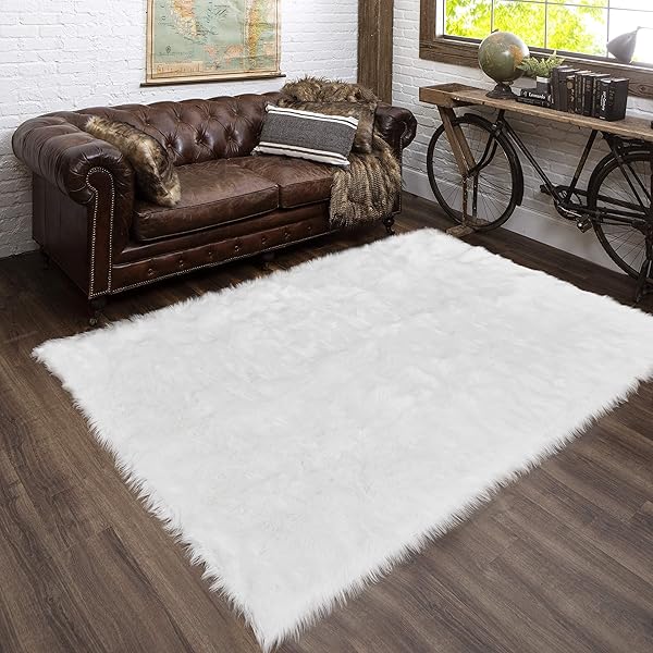 Latepis Latepis White Fur Rug 5x6.7 Faux Sheepskin Fluffy Washable Rug for Bedroom Living Room Playroom Luxury Room Decor Rectangle