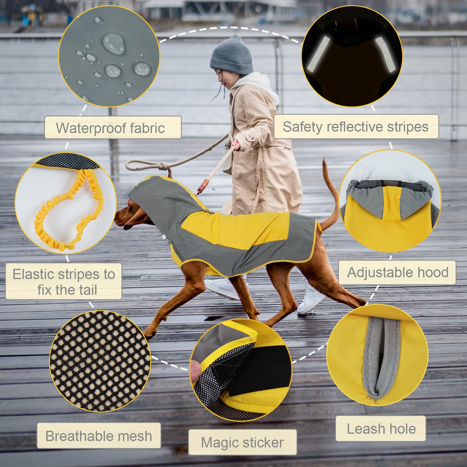 IECOii IECOii Large Dog Raincoat Waterproof Hooded Jacket Reflective Poncho with Leash Hole Adjustable Easy On Off Yellow Large - View 2 of 7