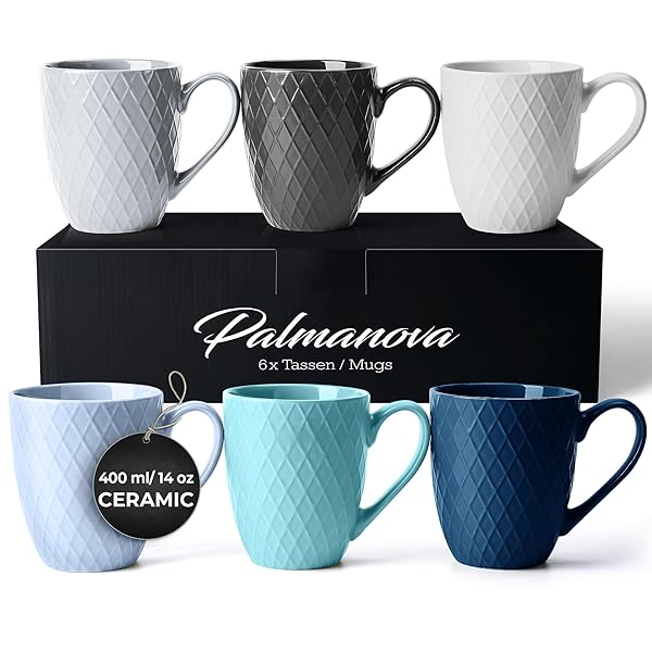 MIAMIO MIAMIO Palmanova Collection: Set of 6 Blue Ceramic Coffee Mugs - 14 Oz, Microwave & Dishwasher Safe