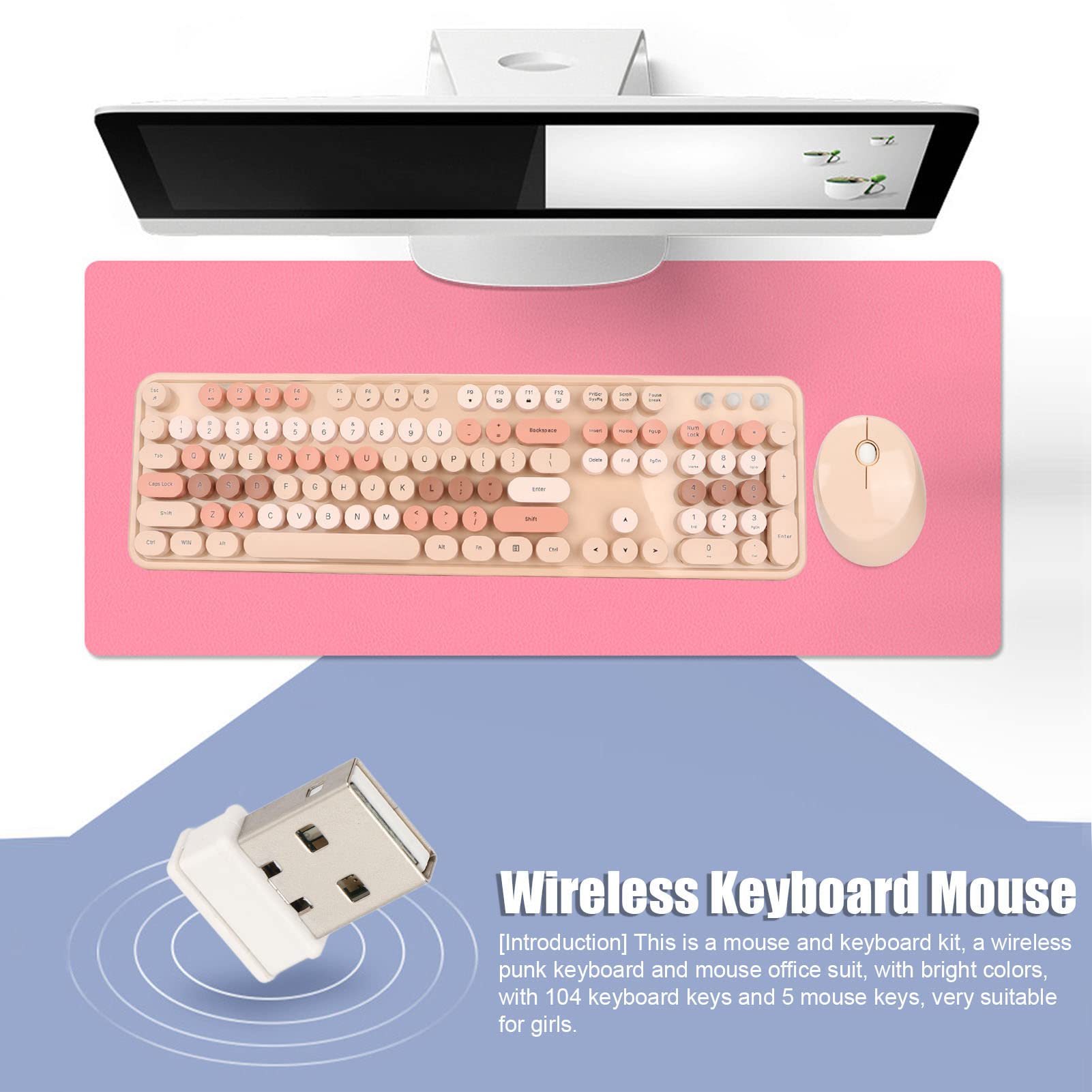 Cute Retro Round Key Keyboard Mouse Combo 104 Keys Ergonomic Design 2.4G USB Sweet Milk Tea Color Ideal for Girls - View 2 of 9