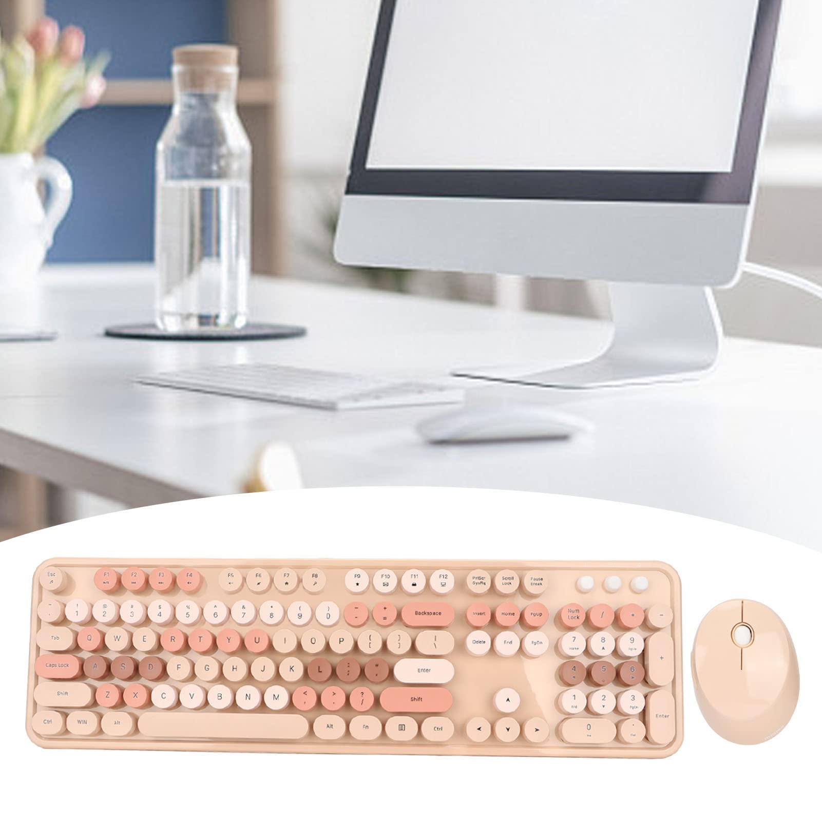 Cute Retro Round Key Keyboard Mouse Combo 104 Keys Ergonomic Design 2.4G USB Sweet Milk Tea Color Ideal for Girls - View 3 of 9