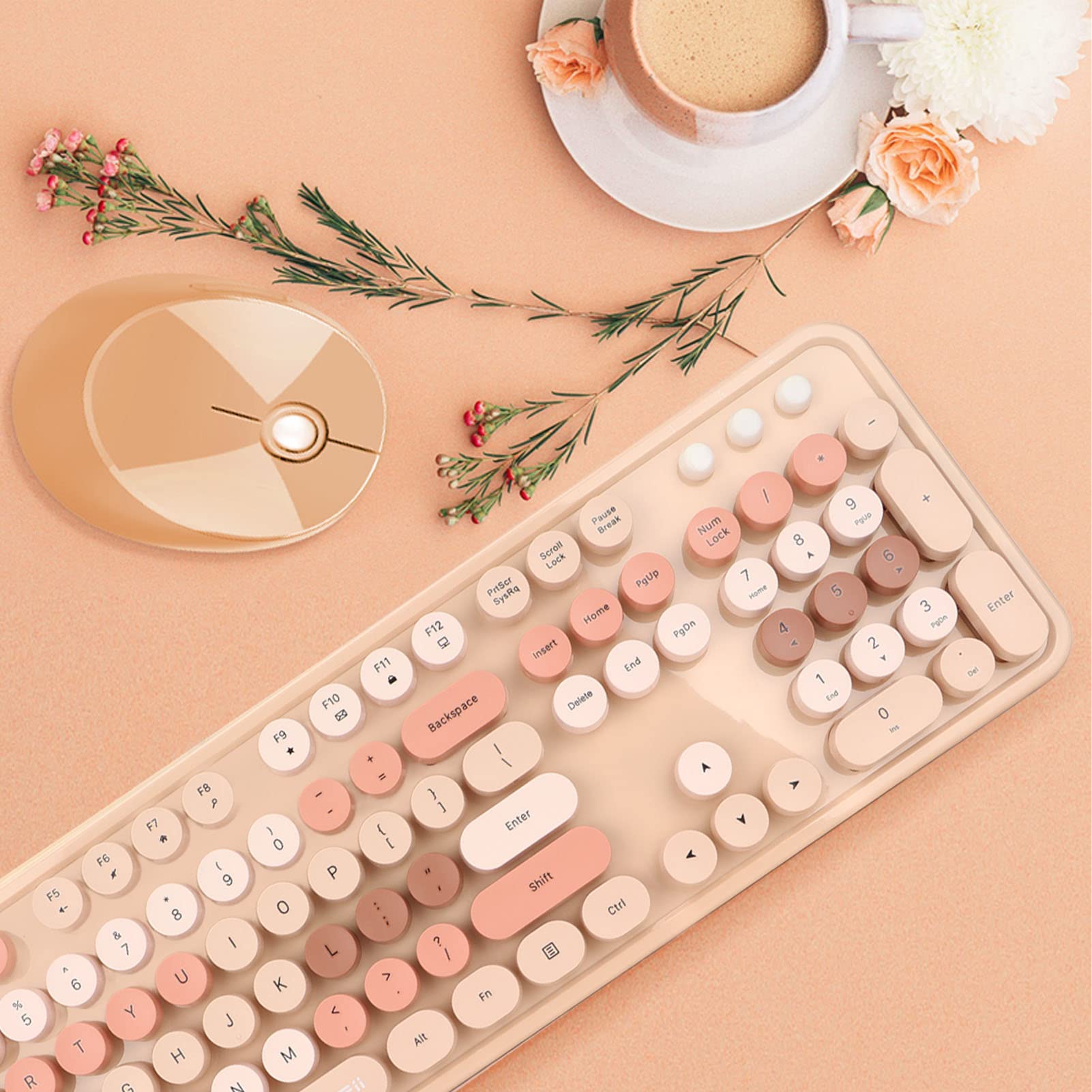 Cute Retro Round Key Keyboard Mouse Combo 104 Keys Ergonomic Design 2.4G USB Sweet Milk Tea Color Ideal for Girls - View 4 of 9