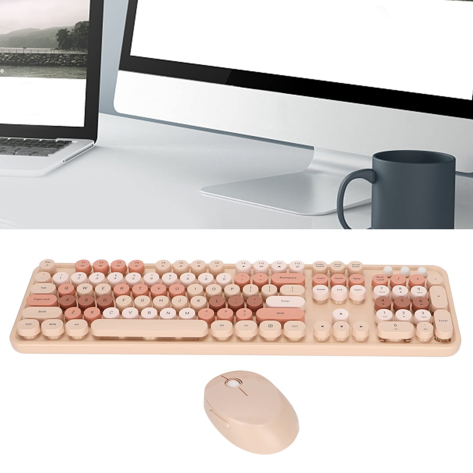 Cute Retro Round Key Keyboard Mouse Combo 104 Keys Ergonomic Design 2.4G USB Sweet Milk Tea Color Ideal for Girls - View 5 of 9