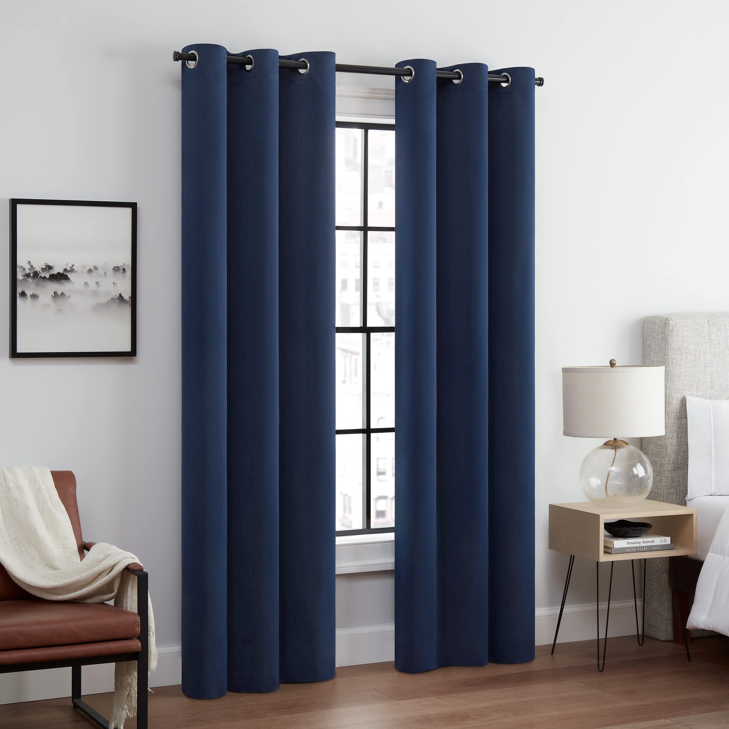 ECLIPSE Andover Solid Tripleweave Thermal Blackout Grommet Curtains Navy 42x84 inches for Bedroom 2 Panels