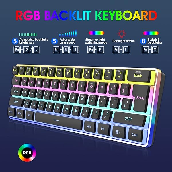 Snpurdiri Snpurdiri 60% Wired Gaming Keyboard: RGB Mini Keyboard with Pudding Keycaps & Waterproof Design for Office & Gaming - View 4 of 8