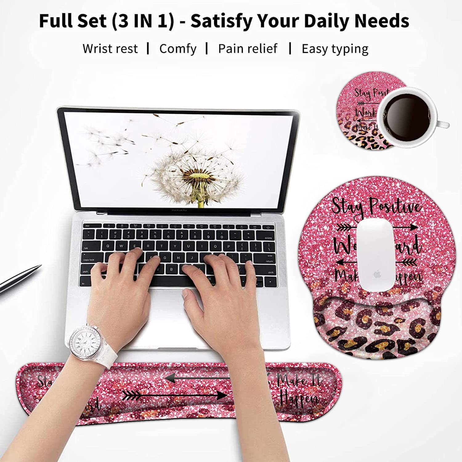 BFRKXOCK Ergonomic Pink Faux Glitter Leopard Keyboard Wrist Rest and Mouse Pad Set for Easy Typing Pain Relief and Comfort - View 2 of 7