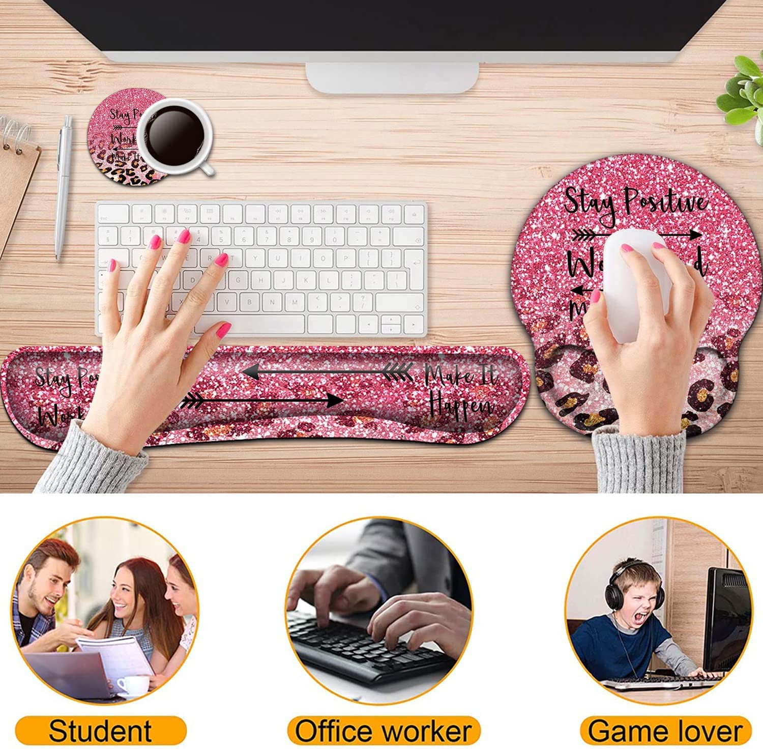 BFRKXOCK Ergonomic Pink Faux Glitter Leopard Keyboard Wrist Rest and Mouse Pad Set for Easy Typing Pain Relief and Comfort - View 3 of 7