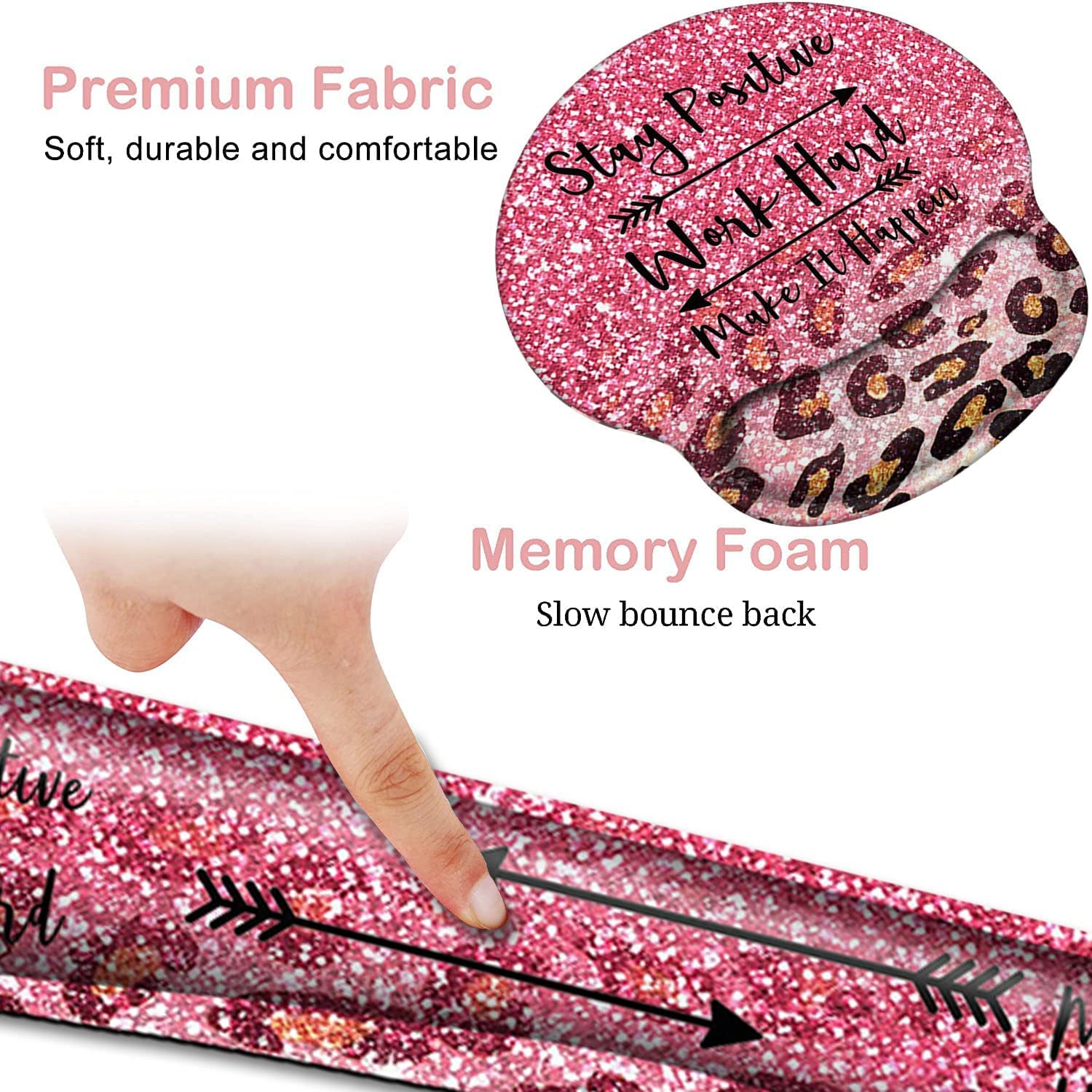 BFRKXOCK Ergonomic Pink Faux Glitter Leopard Keyboard Wrist Rest and Mouse Pad Set for Easy Typing Pain Relief and Comfort - View 4 of 7
