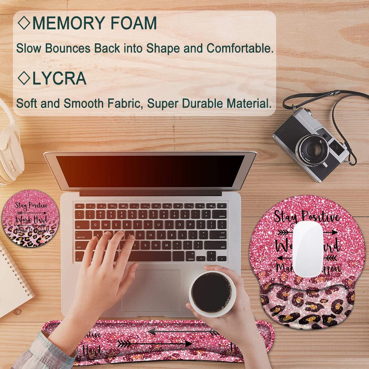 BFRKXOCK Ergonomic Pink Faux Glitter Leopard Keyboard Wrist Rest and Mouse Pad Set for Easy Typing Pain Relief and Comfort - View 7 of 7
