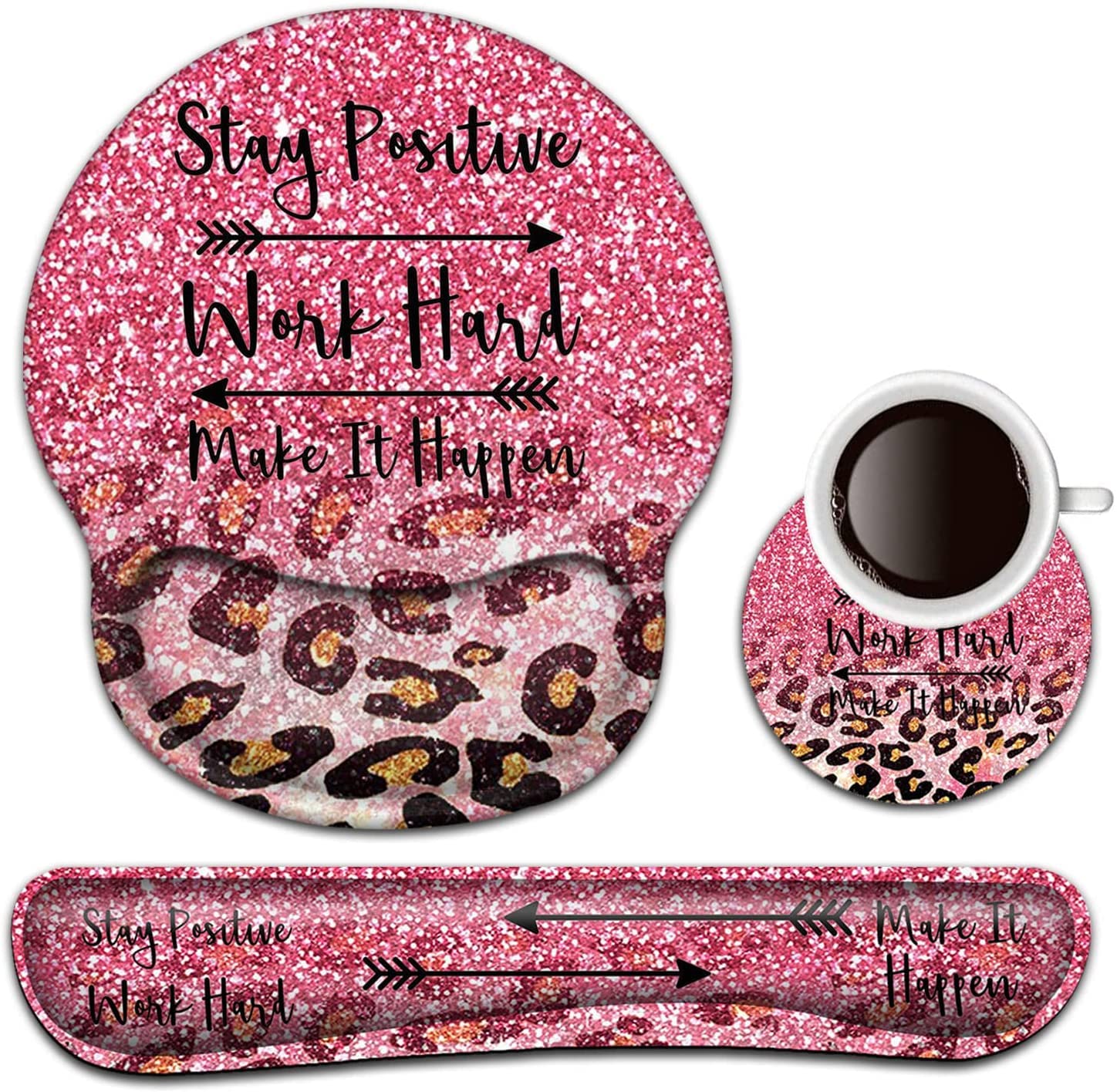 BFRKXOCK Ergonomic Pink Faux Glitter Leopard Keyboard Wrist Rest and Mouse Pad Set for Easy Typing Pain Relief and Comfort