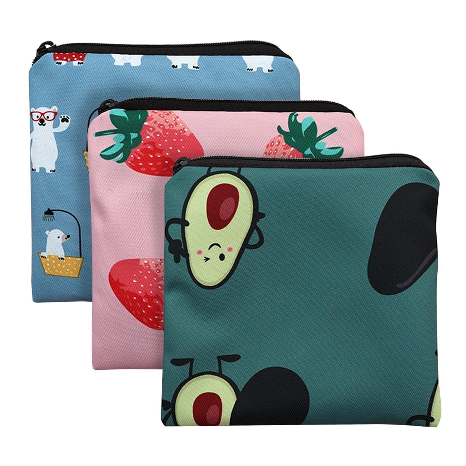 Xuezoioy Sanitary Napkin Storage Bag 3 Pack Zipper 5x5 Inches First Period Bag for Girls Women Ladies Strawberry Design