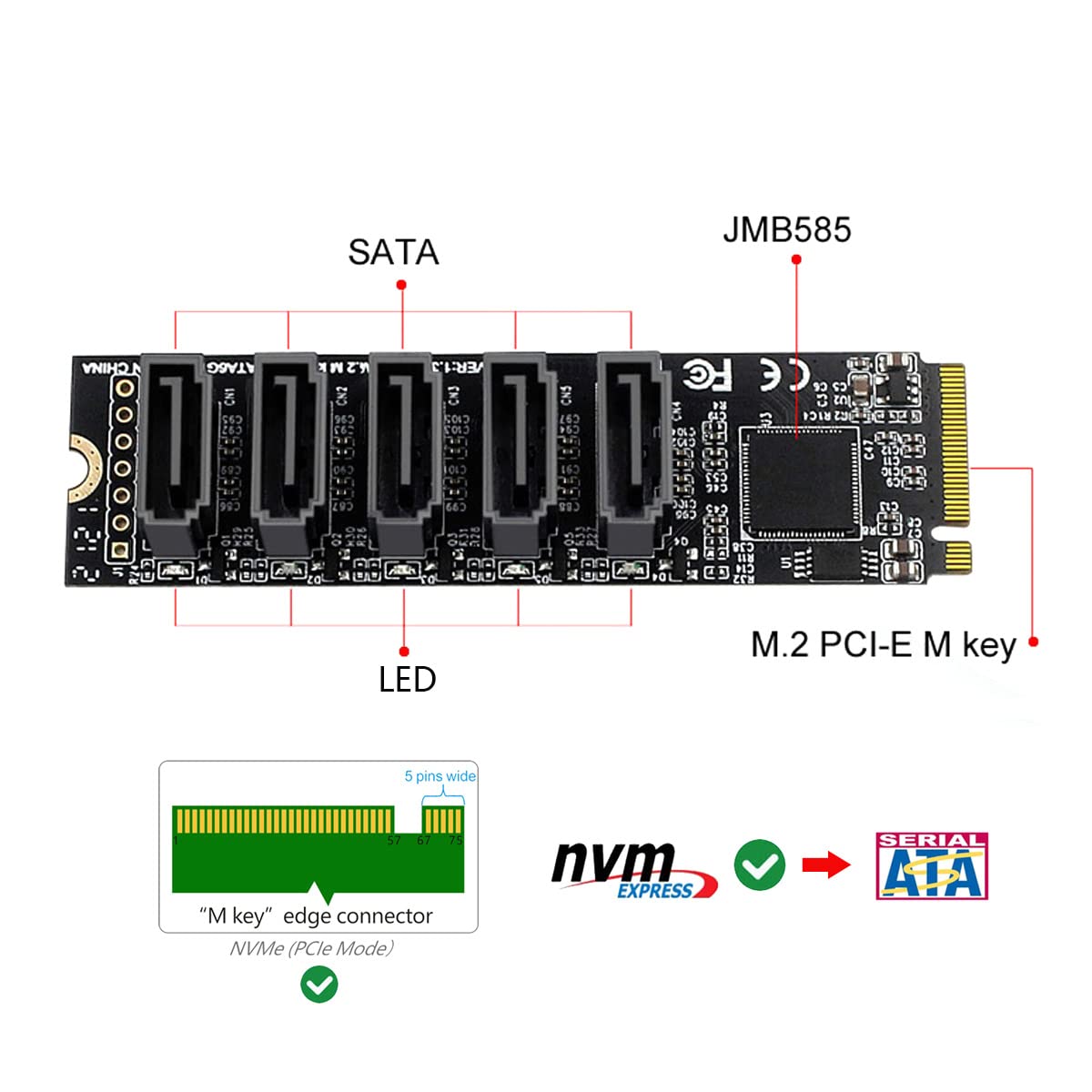 cablecc Cablecc NGFF NVME M-Key PCI Express to SATA 3.0 6Gbps 5 Ports Adapter Converter Hard Drive Extension Card JMB585 2280 - View 6 of 9