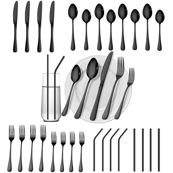 Gutuwellea Gutuwellea 28 Piece Black Silverware Set for 4 Stainless Steel Flatware Utensils Dishwasher Safe Cutlery Service