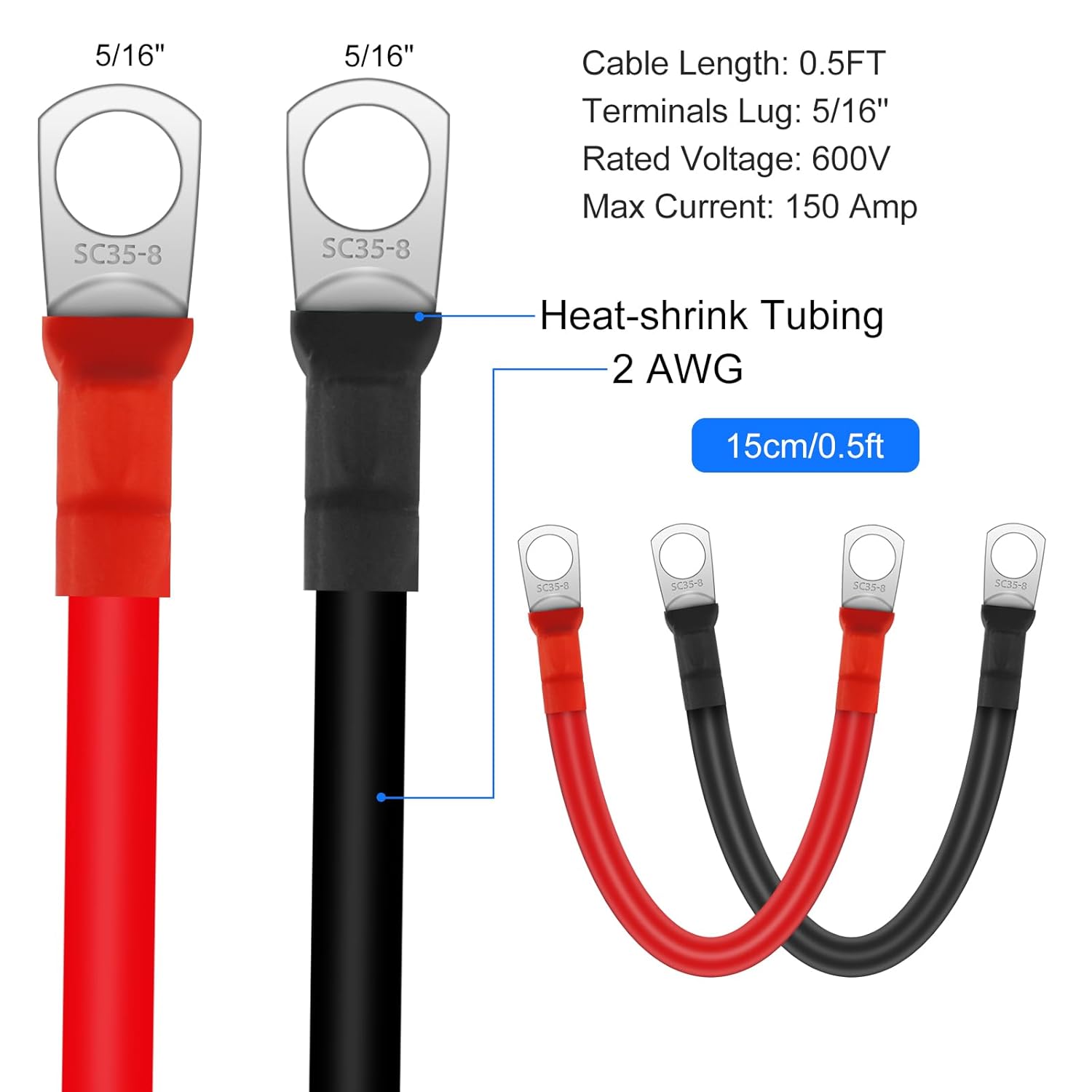 Linkstyle Linkstyle 2PCS 2AWG Battery Cables 15cm 12V Copper Power Inverter Leads with 5/16 Inch Lugs Ring Terminals - View 2 of 7