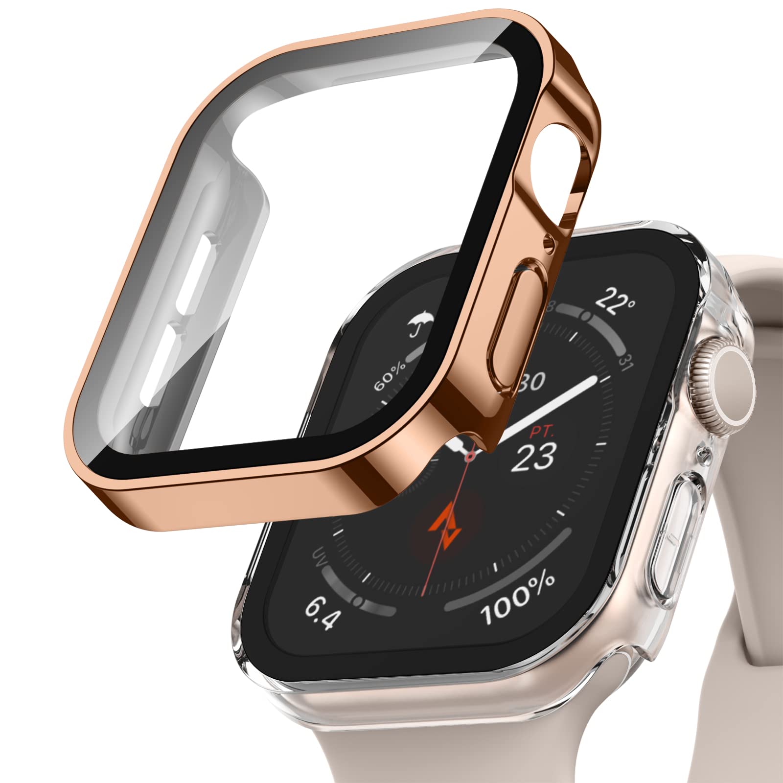 Adepoy Adepoy 2 Pack Hard Case for Apple Watch 45mm Series 9 8 7 with Tempered Glass Screen Protector Rosegold Clear Ultra Thin Durable Cover