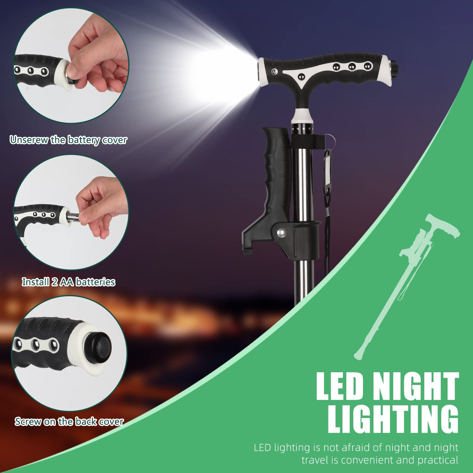 Yayayo Lightweight Adjustable Walking Cane for Men and Women 440 Lbs Capacity Heavy Duty Foldable Free Standing with LED for Seniors Black - View 3 of 8