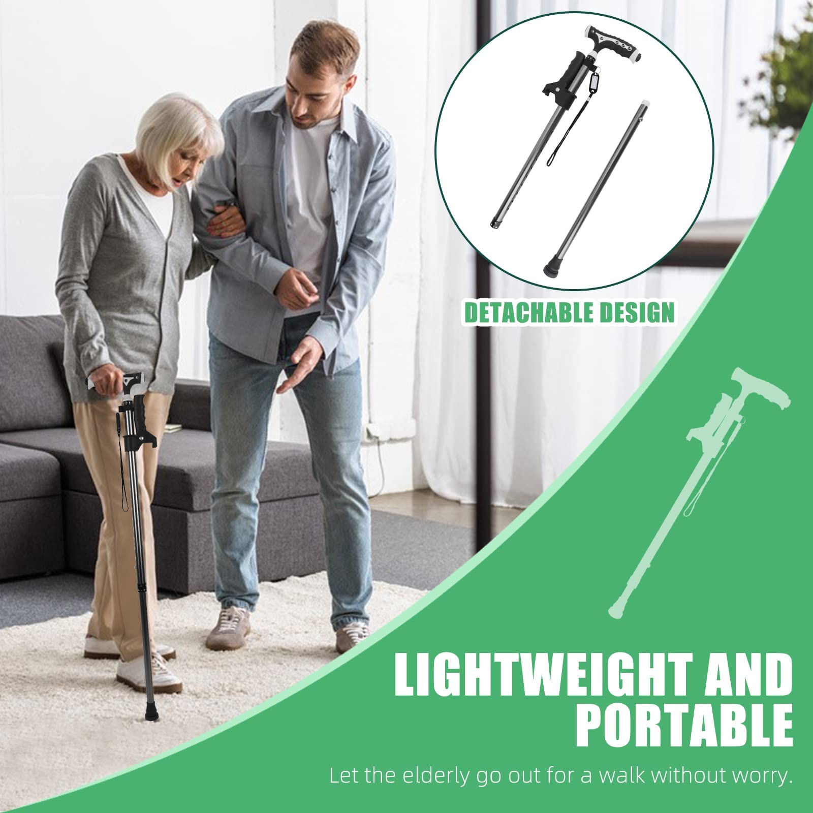 Yayayo Lightweight Adjustable Walking Cane for Men and Women 440 Lbs Capacity Heavy Duty Foldable Free Standing with LED for Seniors Black - View 6 of 8