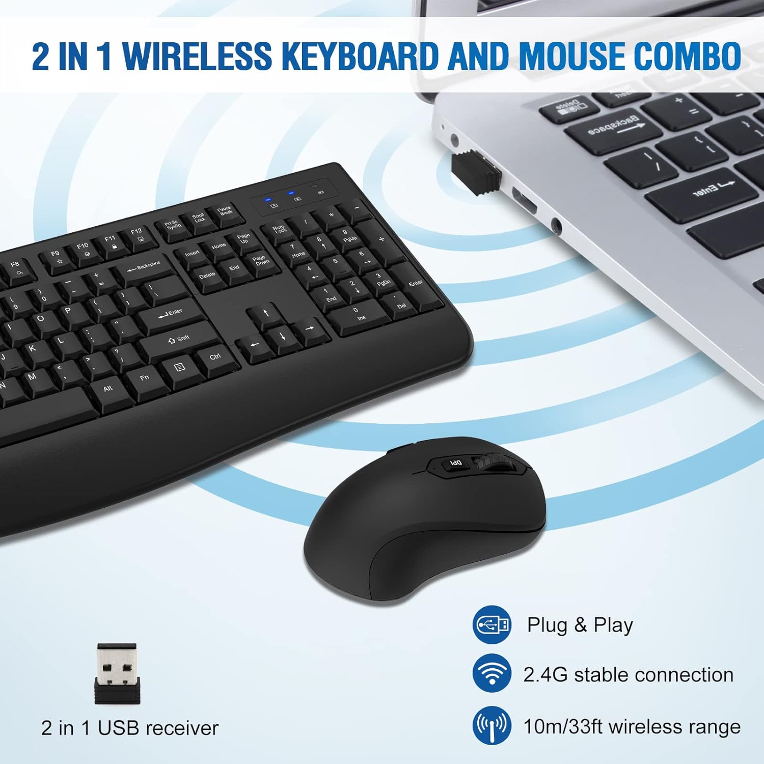 QUASIO Wireless Keyboard and Mouse Combo Full-Sized 2.4GHz with Comfortable Palm Rest for Windows Mac OS PC Desktops Laptops Black - View 2 of 7