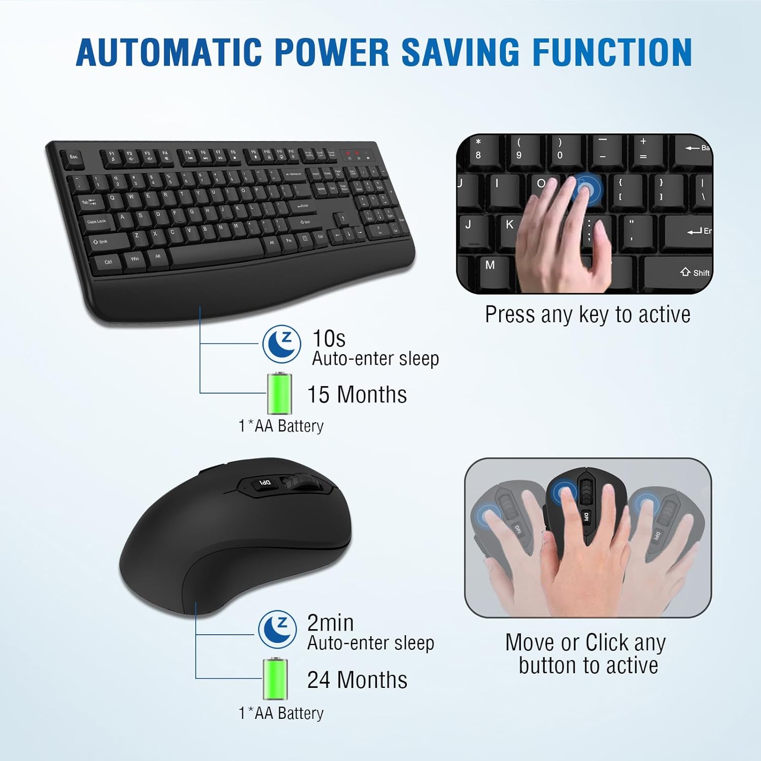 QUASIO Wireless Keyboard and Mouse Combo Full-Sized 2.4GHz with Comfortable Palm Rest for Windows Mac OS PC Desktops Laptops Black - View 3 of 7