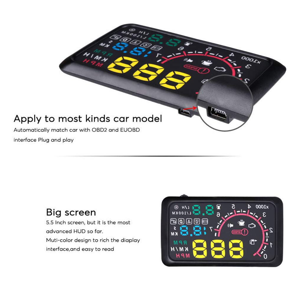 TOTMOX HUD Head Up Display Speedometer for Car 5.5 Inch Universal Digital Speedometer with OBDII Over Speed Alarm KMH MPH Windshield Projector - View 6 of 7