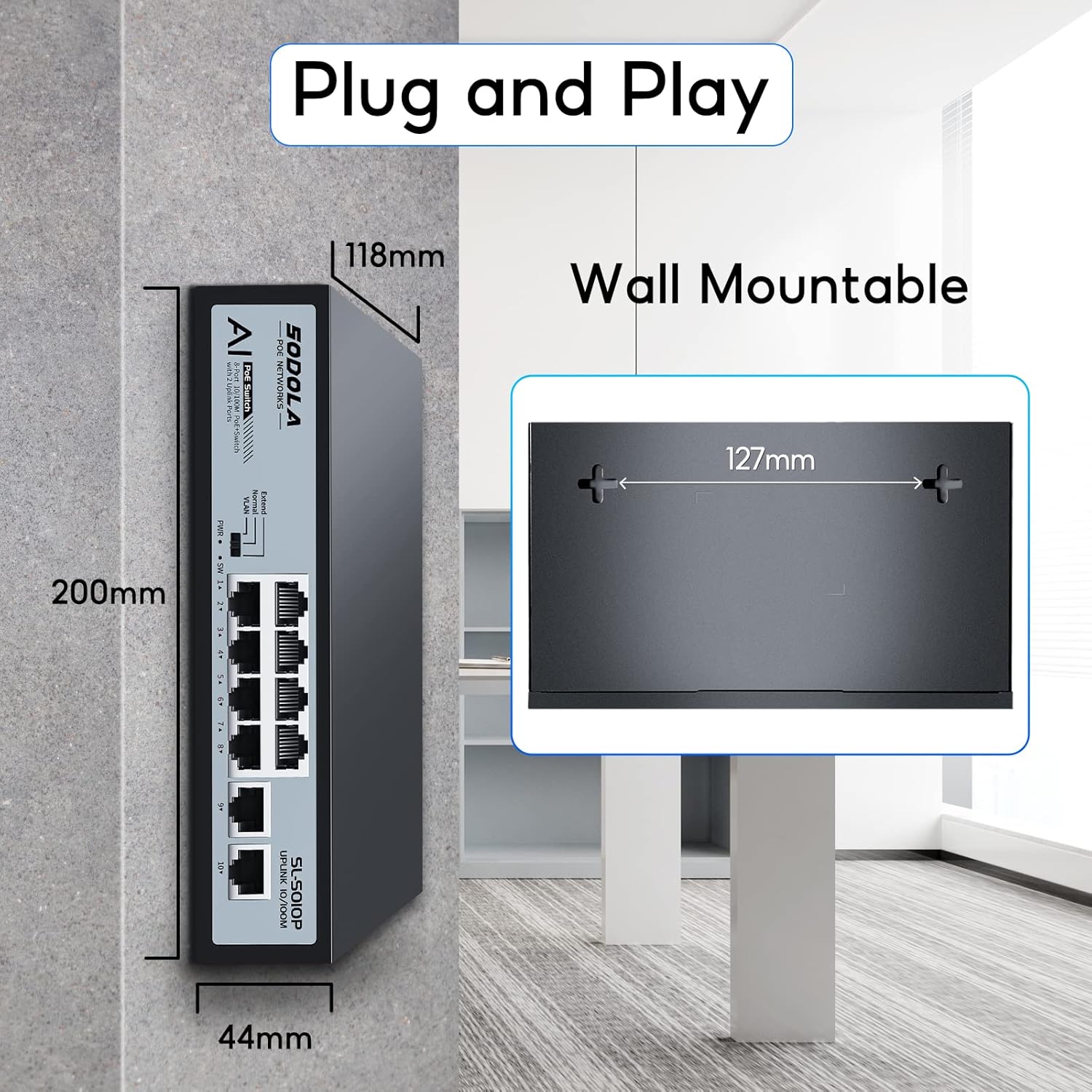 Sodola SODOLA 8 Port PoE Switch 100Mbps with 8 PoE+ Ports and 2 Ethernet Uplinks Fanless Metal Plug and Play Unmanaged Network Switch - View 7 of 9