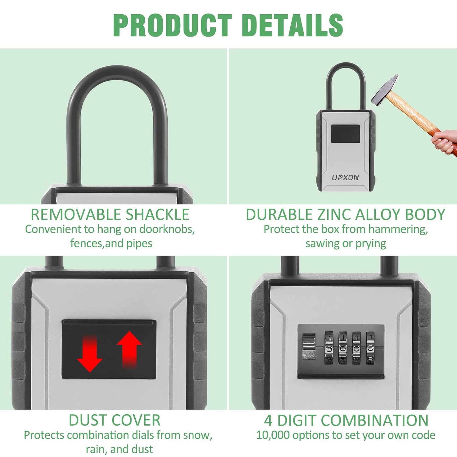 upxon UPXON Extra Large Key Lock Box with Resettable 4 Digit Combination for Car House Keys Weatherproof Wall Mount Ideal for Home Hotels Airbnb Schools - View 3 of 6