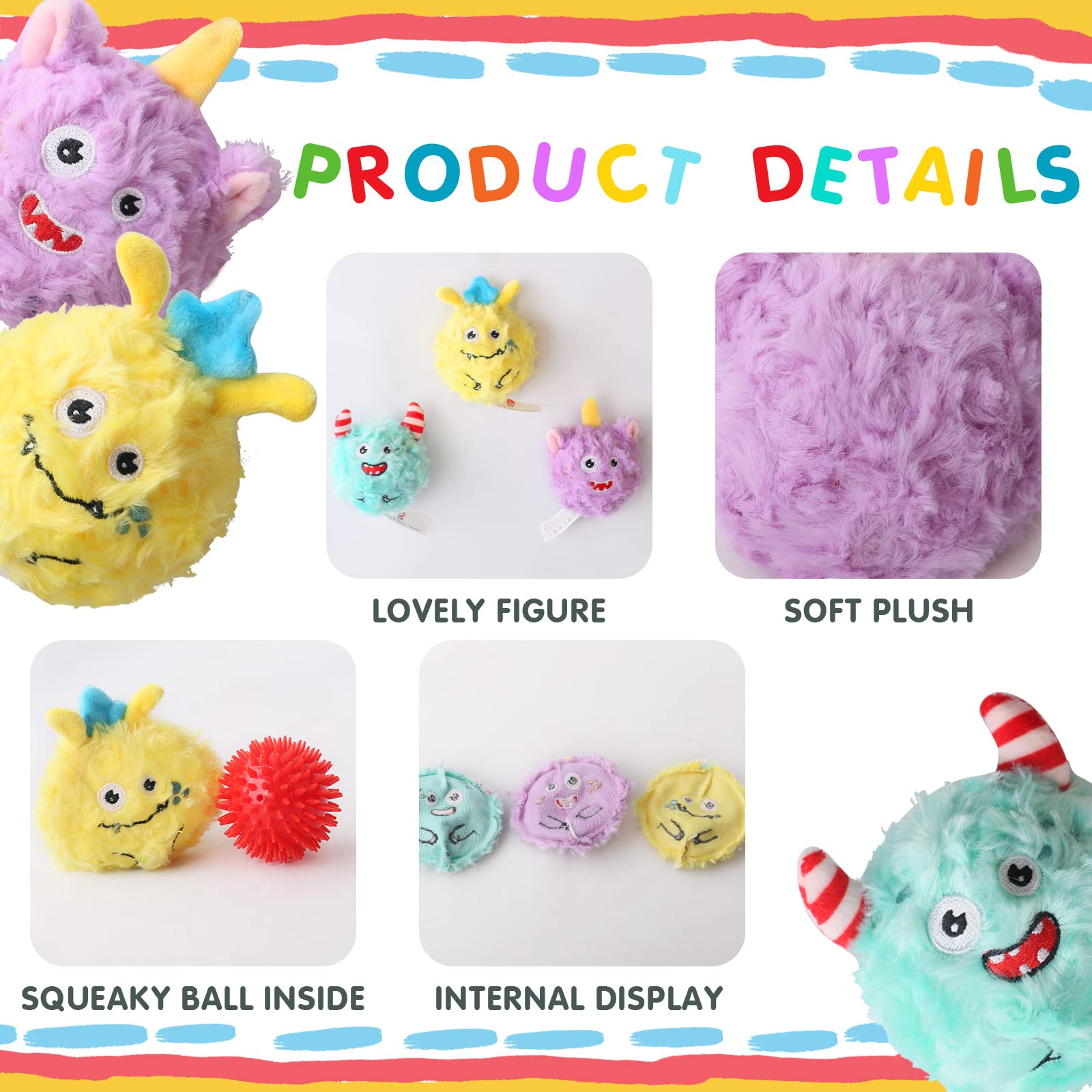 D KING D KING DKING 3Pack Squeaky Dog Balls Funny Puppy Toys Birthday Gift for Small Medium Dogs Monster Ball - View 4 of 5