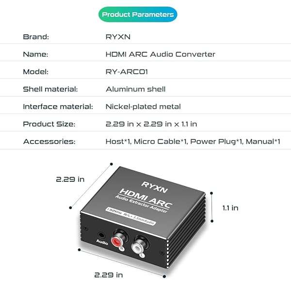 RYXN HDMI ARC Audio Extractor 192KHz: Best Adapter for HDTV, Soundbar & Amplifier with 3.5mm & L/R Stereo Output - View 9 of 9