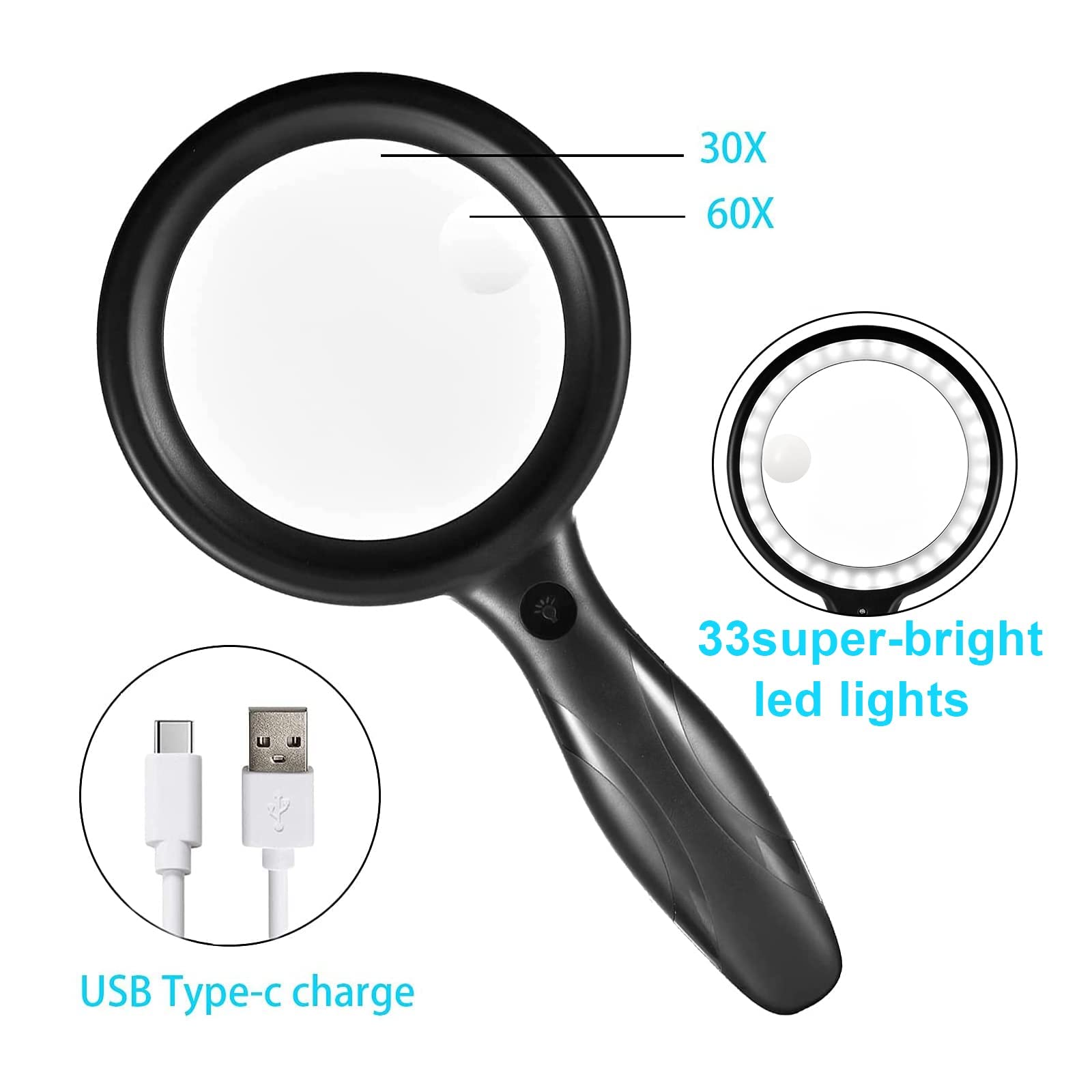 Xccbbow 30x 60x Magnifying Glass with Light and 33 LEDs for Easy Reading and Detailed Viewing - View 5 of 8