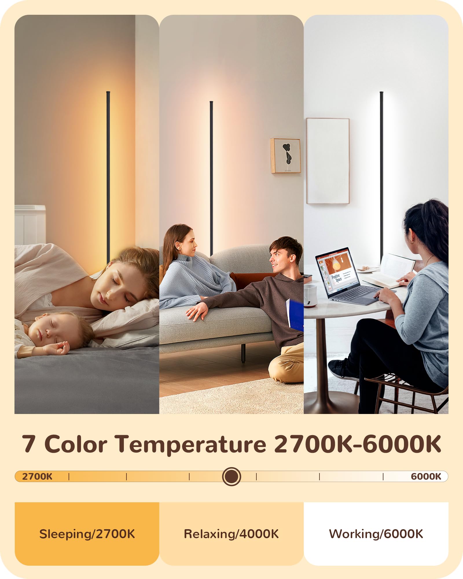 EDISHINE EDISHINE LED Corner Floor Lamp Minimalist Dimmable Remote Control 57.5 Inches Tall for Living Room Bedroom Home Office 7 Color Temperature Black - View 2 of 8
