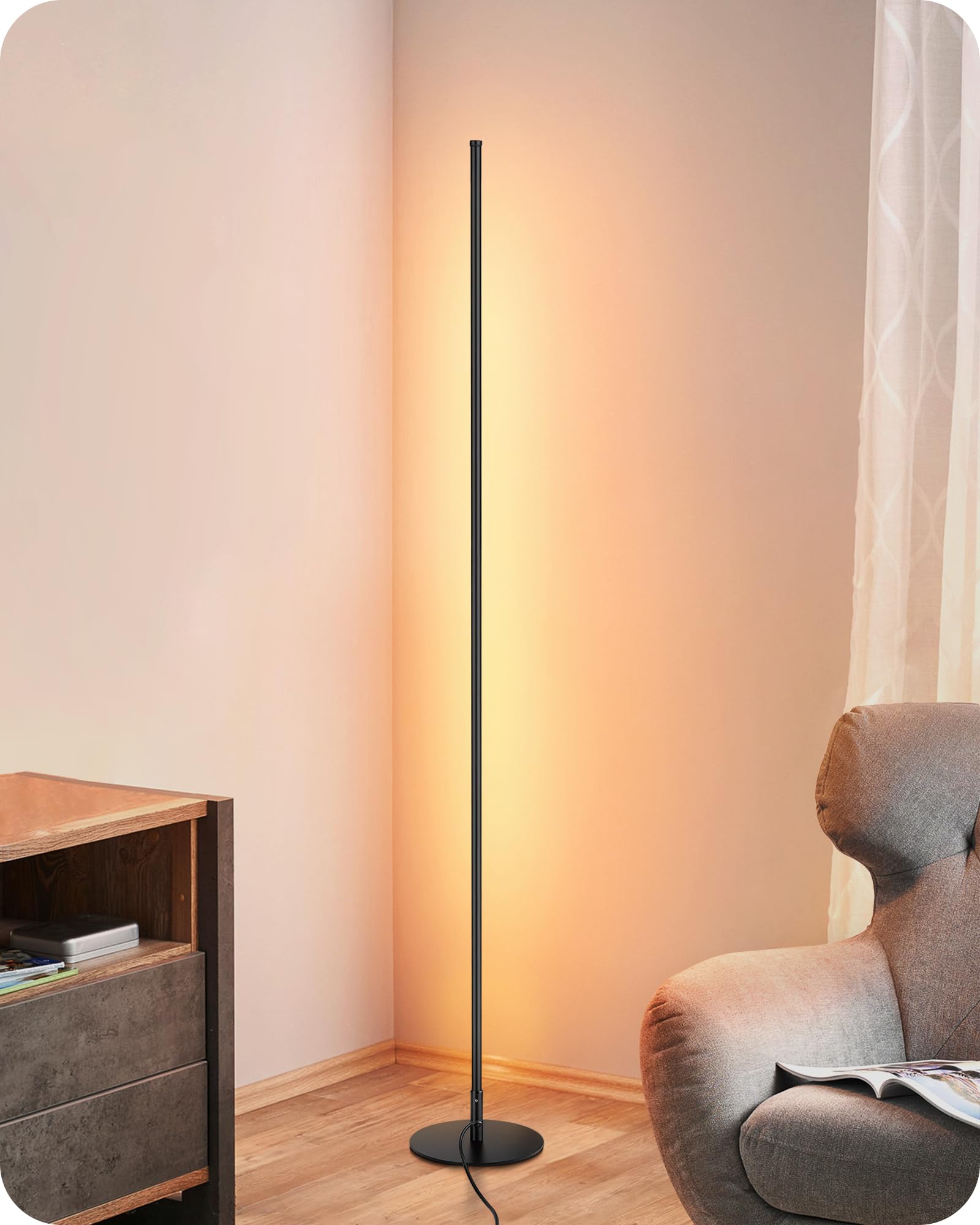 EDISHINE EDISHINE LED Corner Floor Lamp Minimalist Dimmable Remote Control 57.5 Inches Tall for Living Room Bedroom Home Office 7 Color Temperature Black