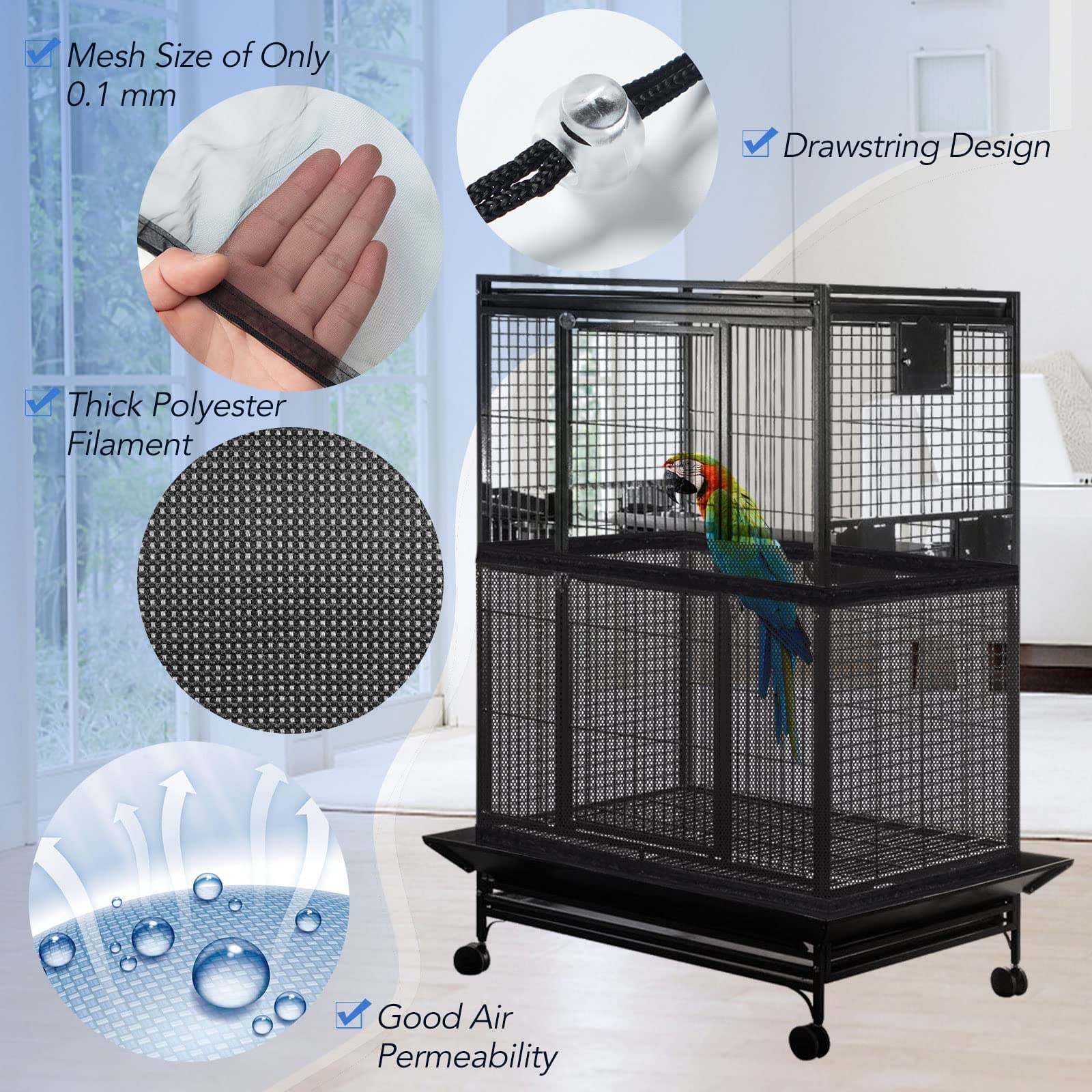 KFPPLXQ KFPPLXQ Adjustable Bird Cage Netting Seed Catcher Large Soft Breathable Mesh for Indoor Round Square Cages 80 to 118 Inch Circumference - View 6 of 9